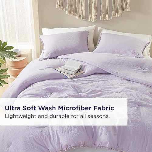 Miniatura 4 de Codi Juego de edredón bohemio de color morado lavanda para niñas, diseño estético de flecos con pompones, juego de ropa de cama de microfibra lavada