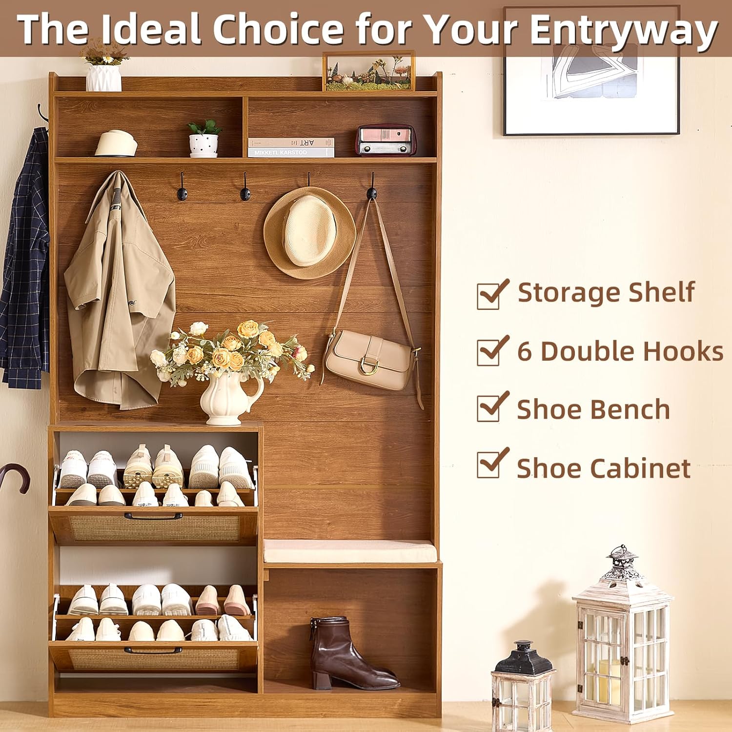 LEYAOYAO 78" Tall Boho Hall Tree with Bench & Shoe Storage, 4-in-1 Mudroom Coat Rack with 2 Flip Rattan Drawers & Cushioned Stool, Entryway Hall Tree Cabinet with 6 Hooks for Garage, Tea Brown