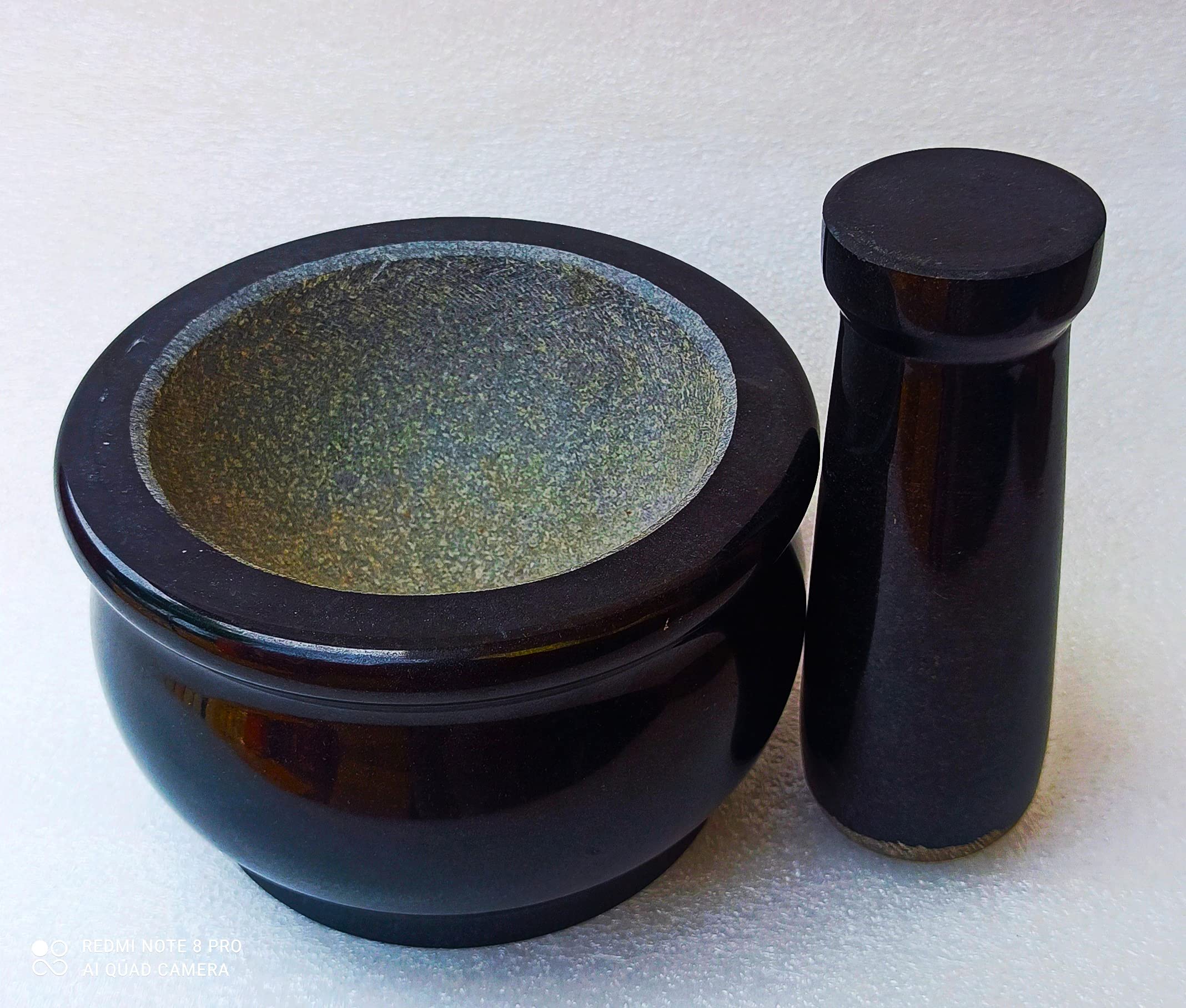 Abimanyu A Tradition Of Fine Quality Pure Granite Stone Mortar and Pestle Set, kharad, Masher Spice Mixer/Okhli and musle/Kharal for Kitchen 6 inches- Big Size (Black) 2