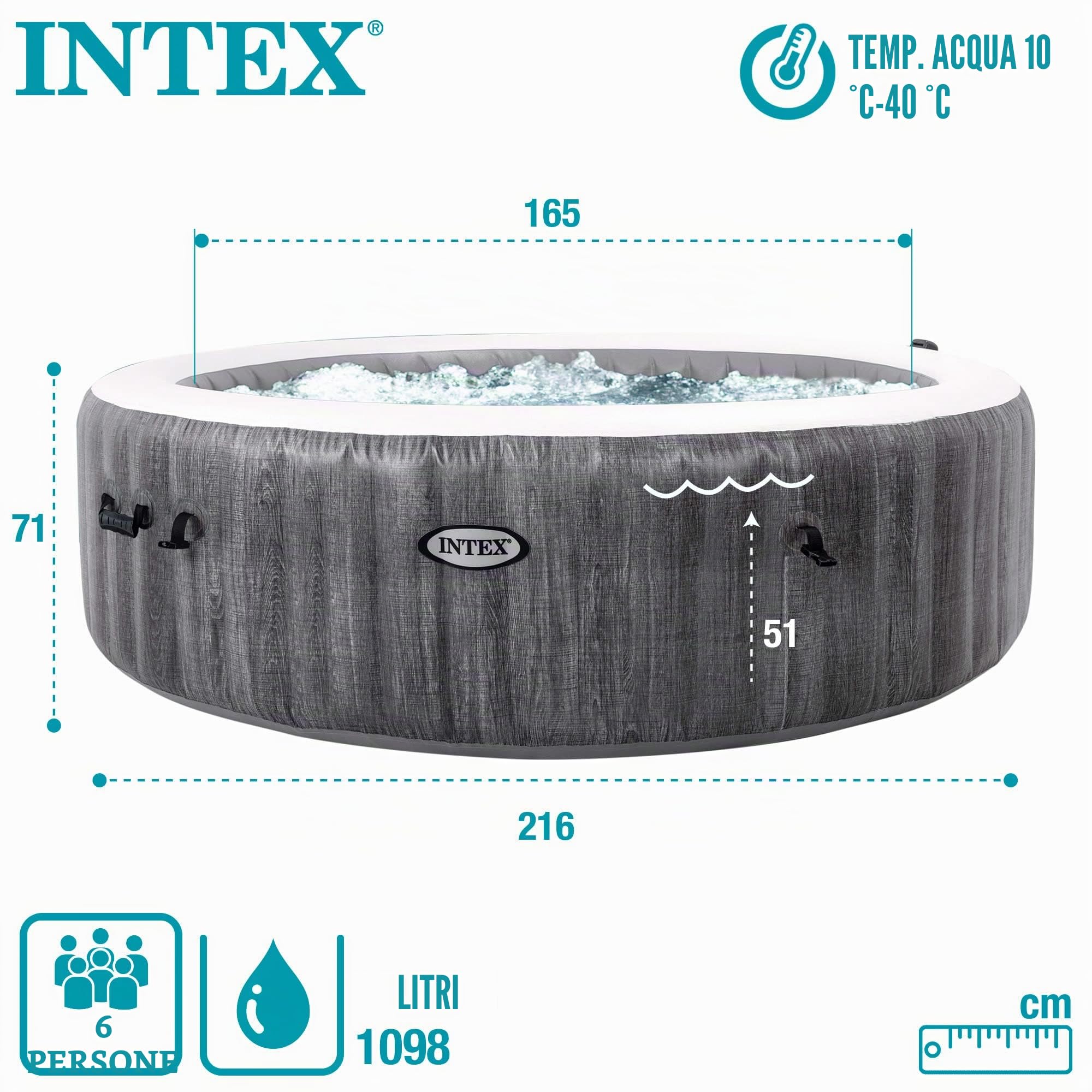 Intex 28442EX - PureSpa Vasca Idromassaggio Gonfiabile Greywood Deluxe, 6 posti, 170 Getti, Riscaldatore, PVC, Grigio, 216x71 cm