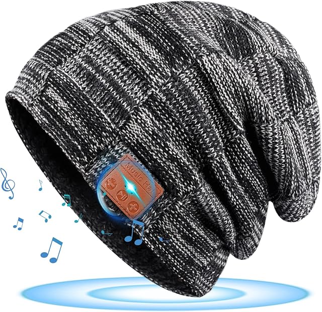 Bluetooth Beanie Hat Mens Gifts Christmas Stocking Fillers for Teenagers Boys Adults Music Hat with Headphones Secret Santa Gifts Cool Gadgets Tech Gifts Hiking Cycling Gifts Dad Him, Black, One Size