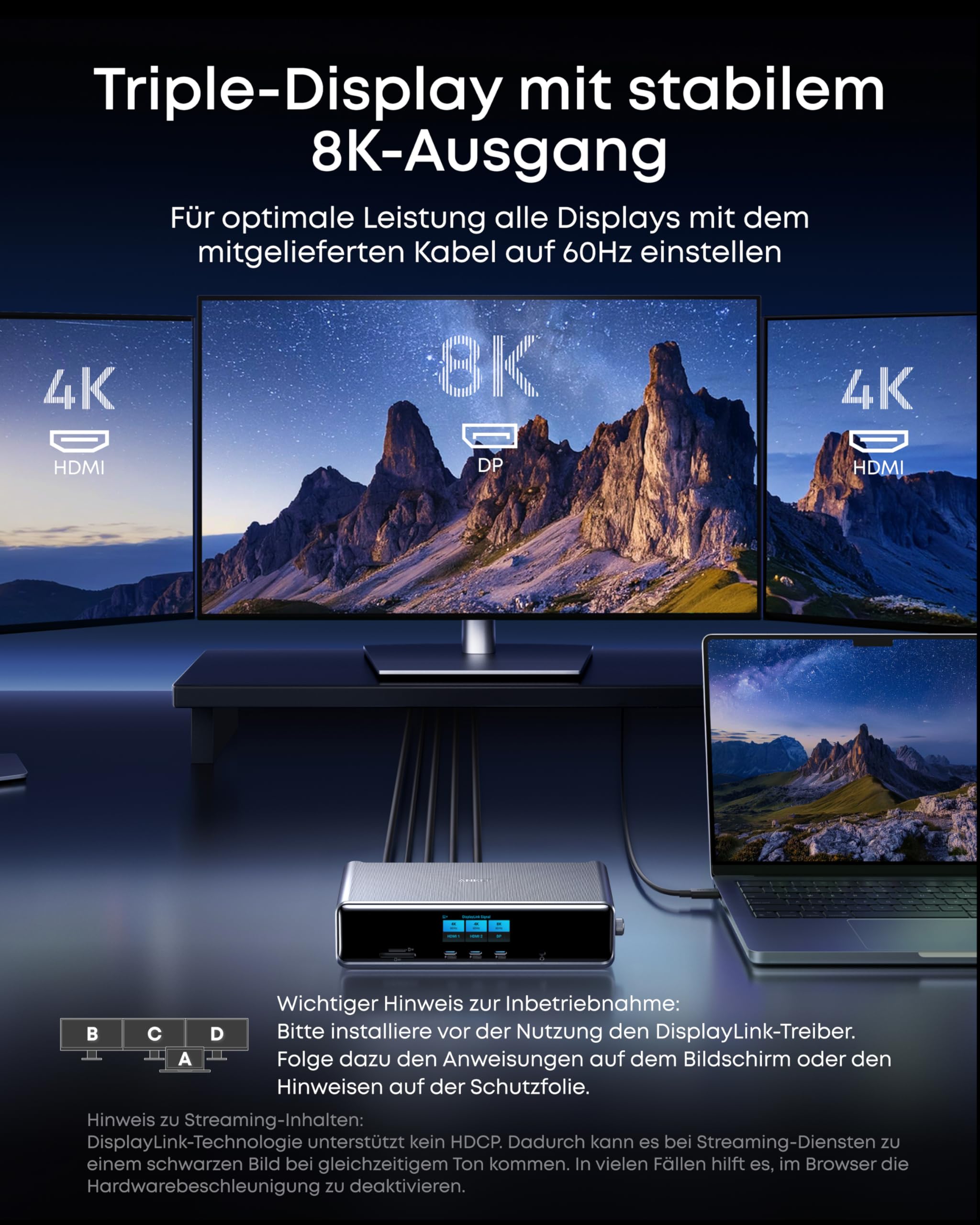 Anker Prime Docking Station, 14 Ports, Triple-Display mit DisplayLink, 140W USB-C, Smart Display, Kühlung, dreifaches 4K, für macOS & Windows (DisplayLink-Treiber erforderlich)