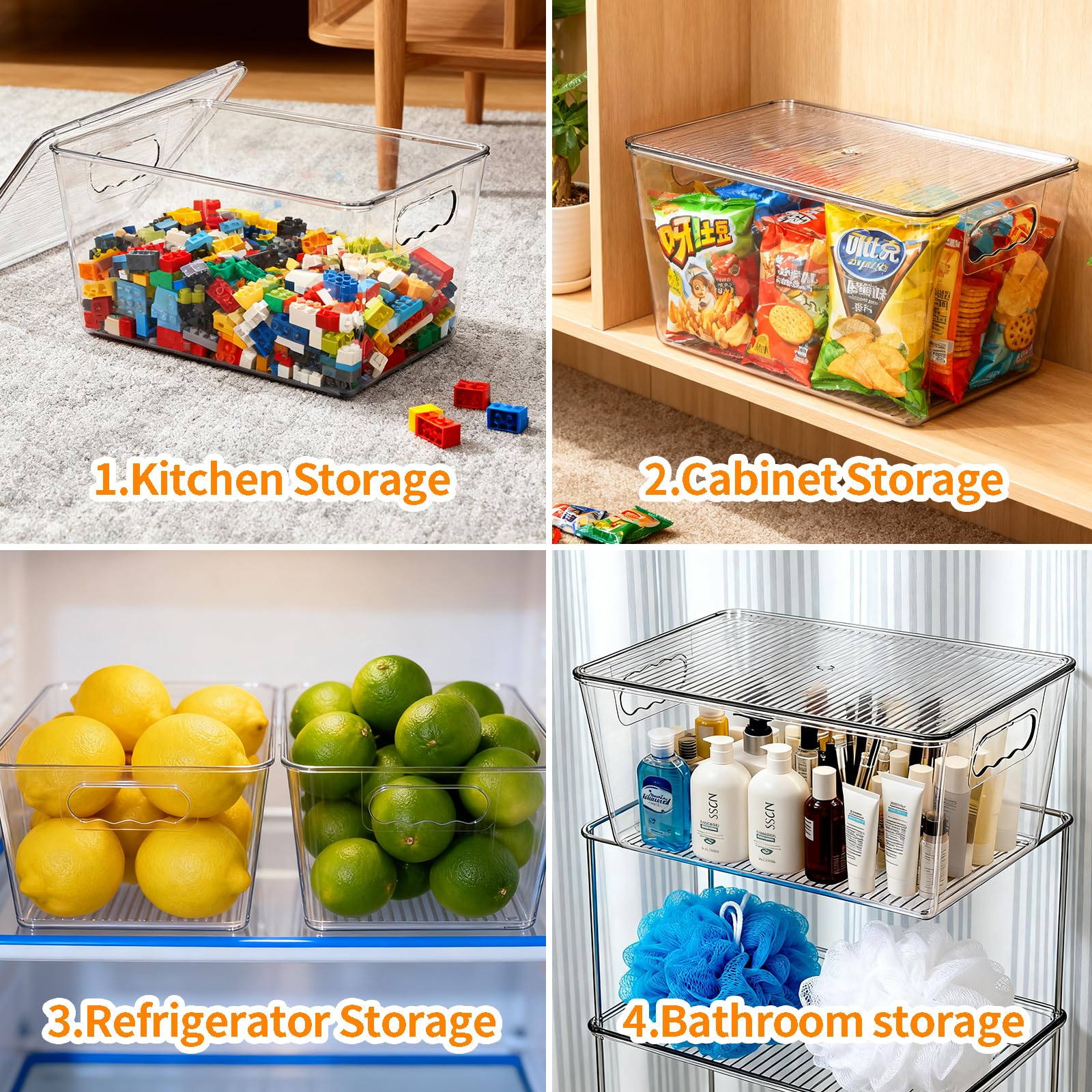6er Pack Kühlschrank Organizer mit Deckel Bins 29x19x15 cm | Versiegelte & stapelbare Aufbewahrungsbehälter mit Deckel & Griffen. Ideal für Küche, Gefrierschrank & Vorratskammer.