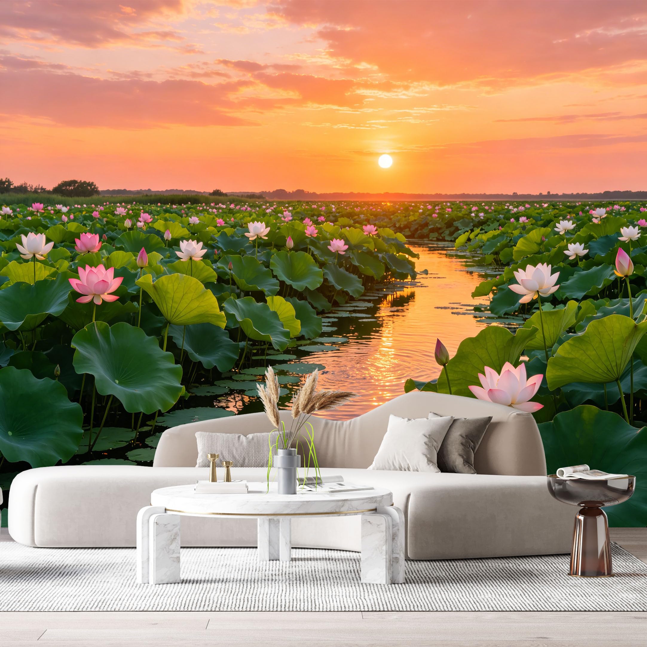 Custom Size Wall Murals Lotus Pond Landscape Watercolor Sunset Reflection SelfAdhesive Wall Fabric Removable Large Wallpaper for Photo Living Room