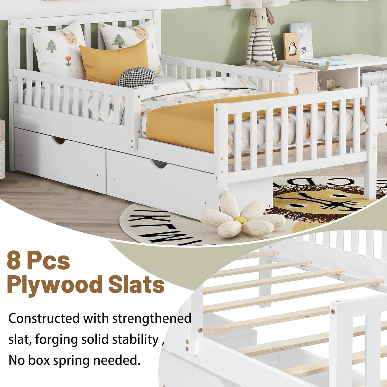 Mirightone Twin Bed with Rails for Kids, Wood Twin Size Platform Bed with Storage Drawers, Twin Storage Bed with Guardrails on Both Sides for Girls Boys,White