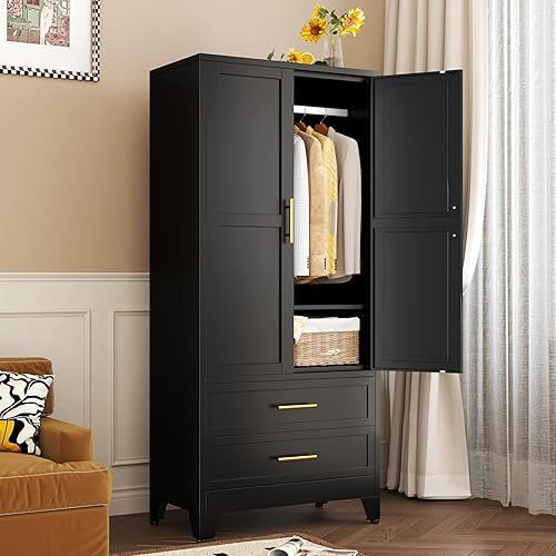 Metal Wardrobe Closet with 2 Doors & 2 Drawers, 71" Tall Armoire Wardrobe Closet with Hanging Rods and Adjustable Shelf, Steel Wardrobe Storage Cabinet for Bedroom-Black