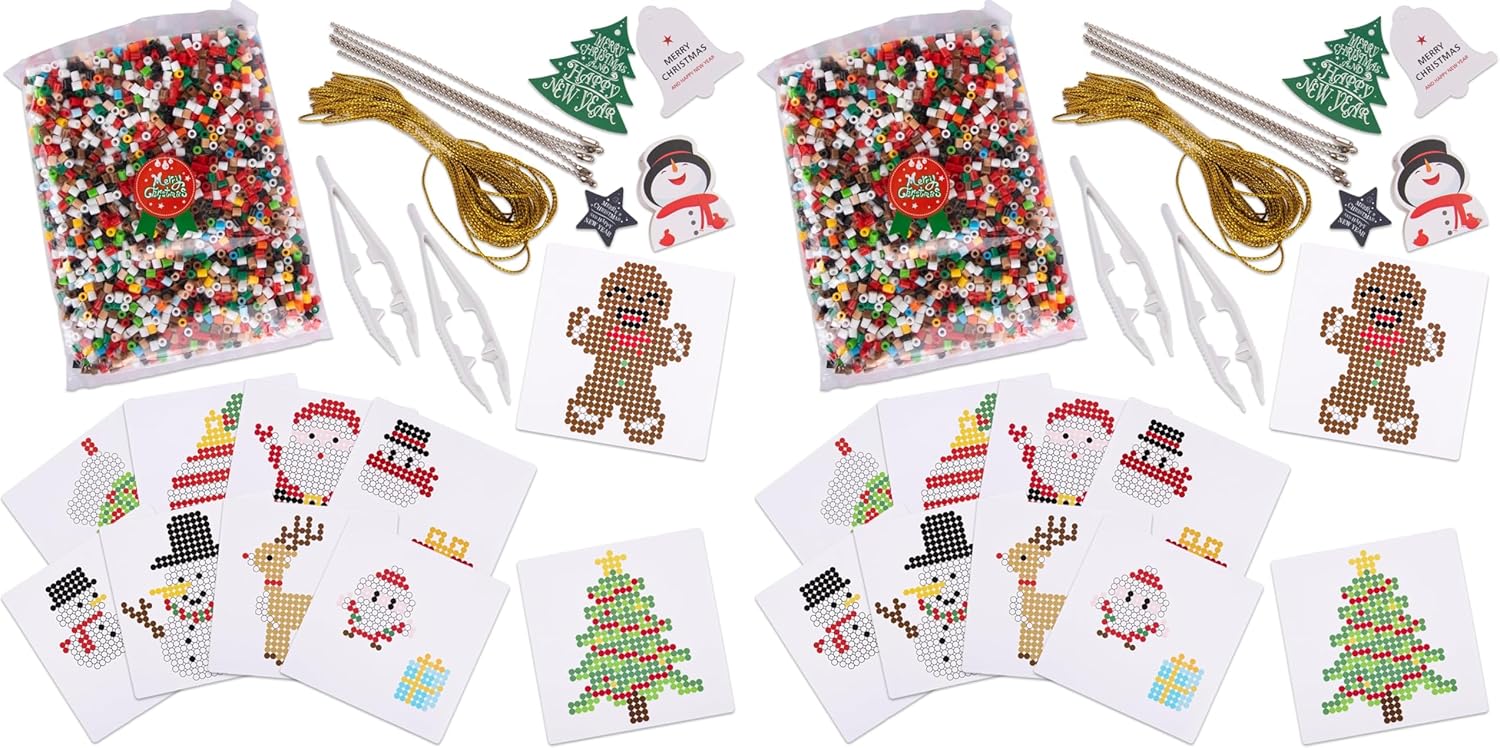 ArtCreativity Christmas Fuse Beads Kit – Fun Christmas Craft for Kids with 3000 Melty Beads, 10 Fuse Bead Patterns, Pegboard, Tweezers, Ironing Paper, Gift Tags & Gold Strings Holiday Set (Pack of 2)