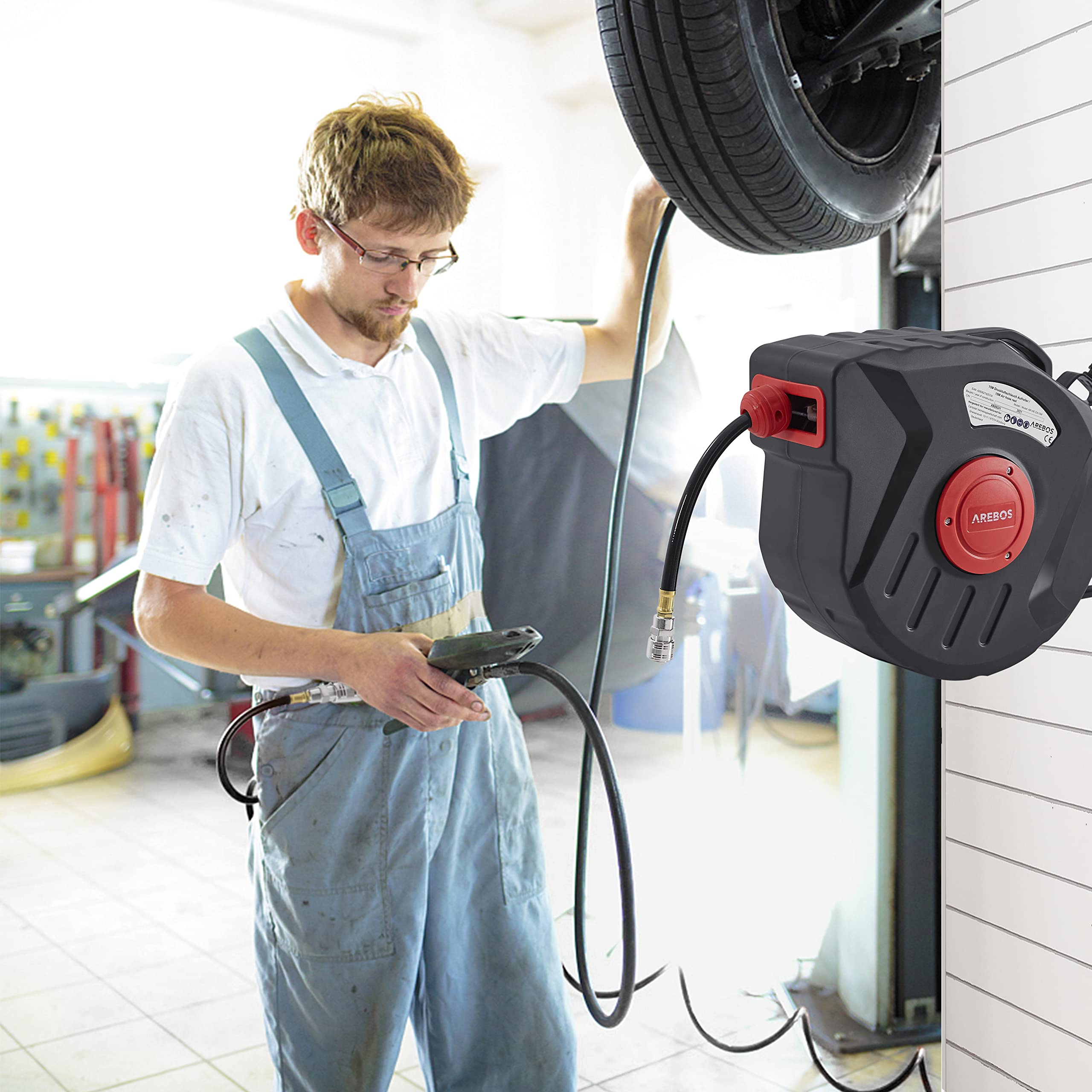 Arebos Druckluftschlauch Aufroller | Automatik Schlauch Aufroller | Wandhalterung | 1/4 Zoll Schnellkupplung | UV-beständig | 180° Schwenkbar | inkl. Montagehalter | 20 m