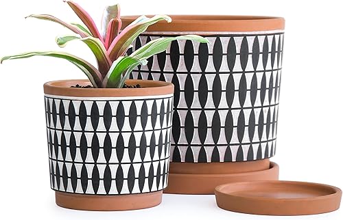 Juego de 2 macetas de terracota, 4 pulgadas y 6 pulgadas, macetas para plantas con agujeros de drenaje y platillos de cerámica, rojonegro, 31-958-B-2