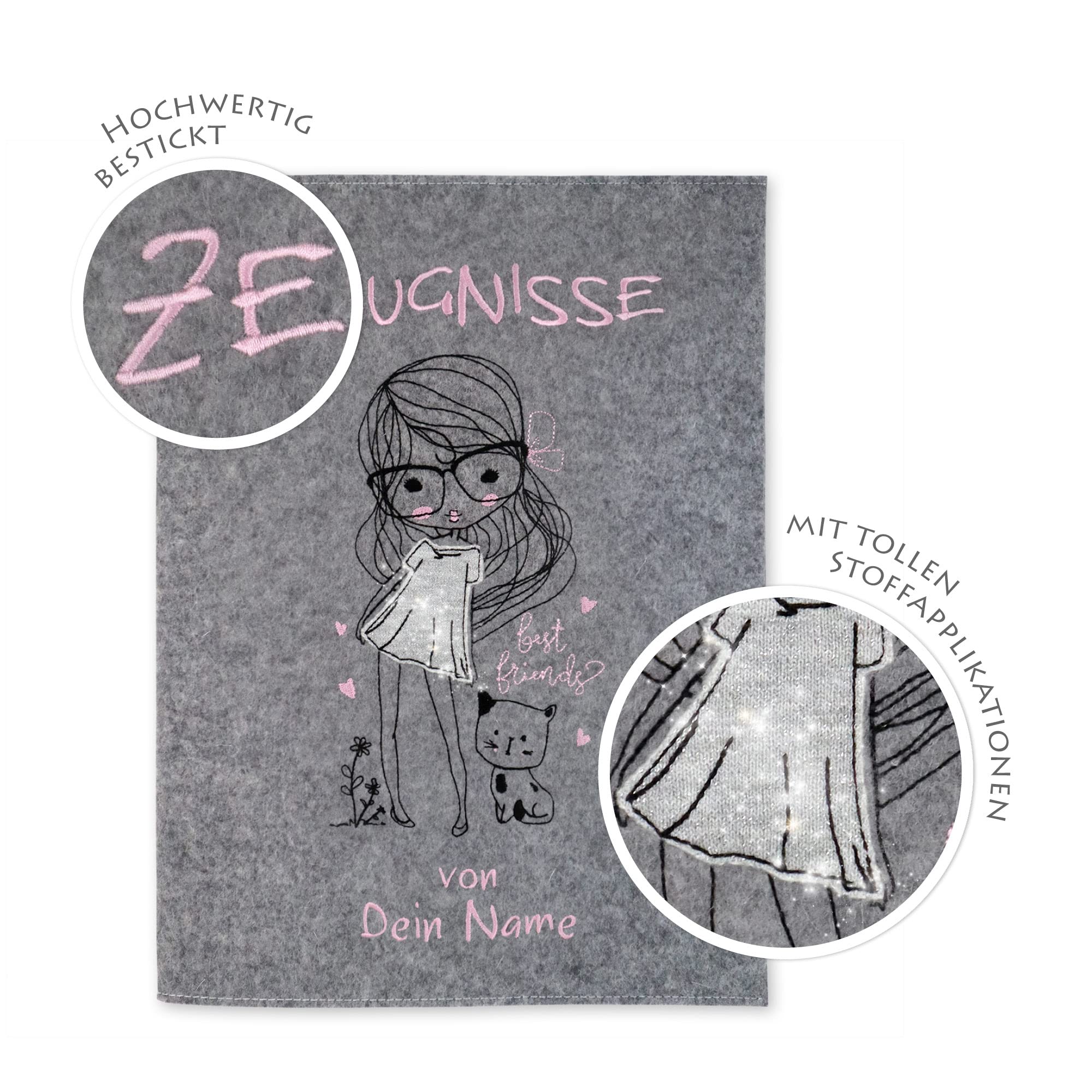 Zeugnismappe Mädchen mit Katze grau/glitzer personalisiert mit Namen 100% Wollfilzumschlag und Sichtbuch DIN A4 mit 20 Hüllen