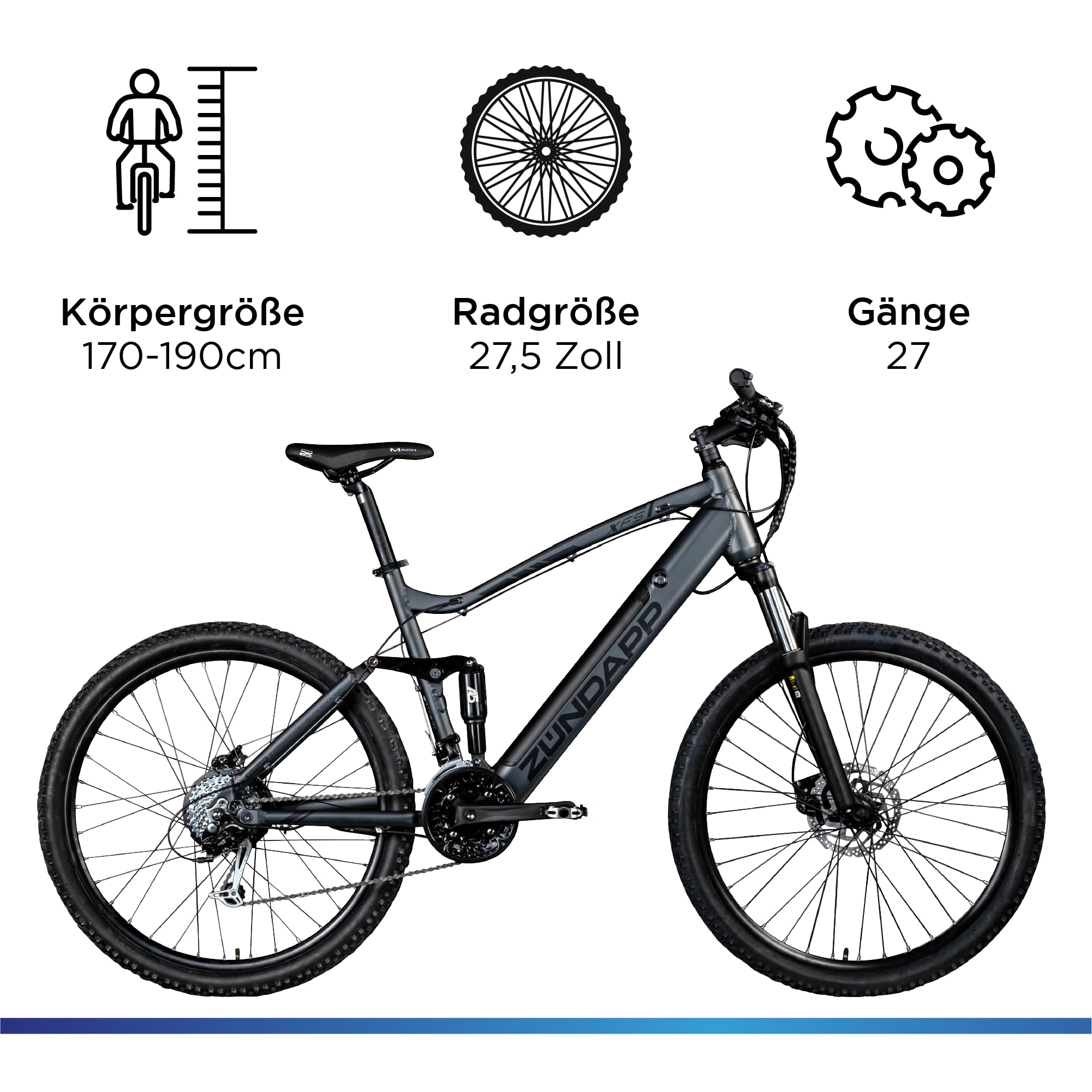 ZÜNDAPP XFS Ebike 27,5 Zoll Fully MTB Fahrrad für Damen und Herren 170-190 cm Elektrofahrrad Hinterradmotor 27 Gang Scheibenbremse E Bike 504 Wh Akku