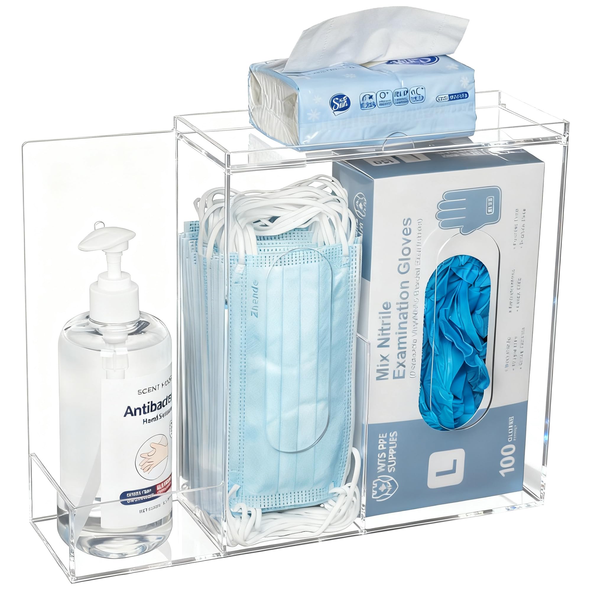 SEANADO Distributeur de masque facial à 3 compartiments en acrylique - Support d'hygiène pour masques faciaux jetables, crachette, couvre-chaussures et filet à cheveux, support mural ou support de