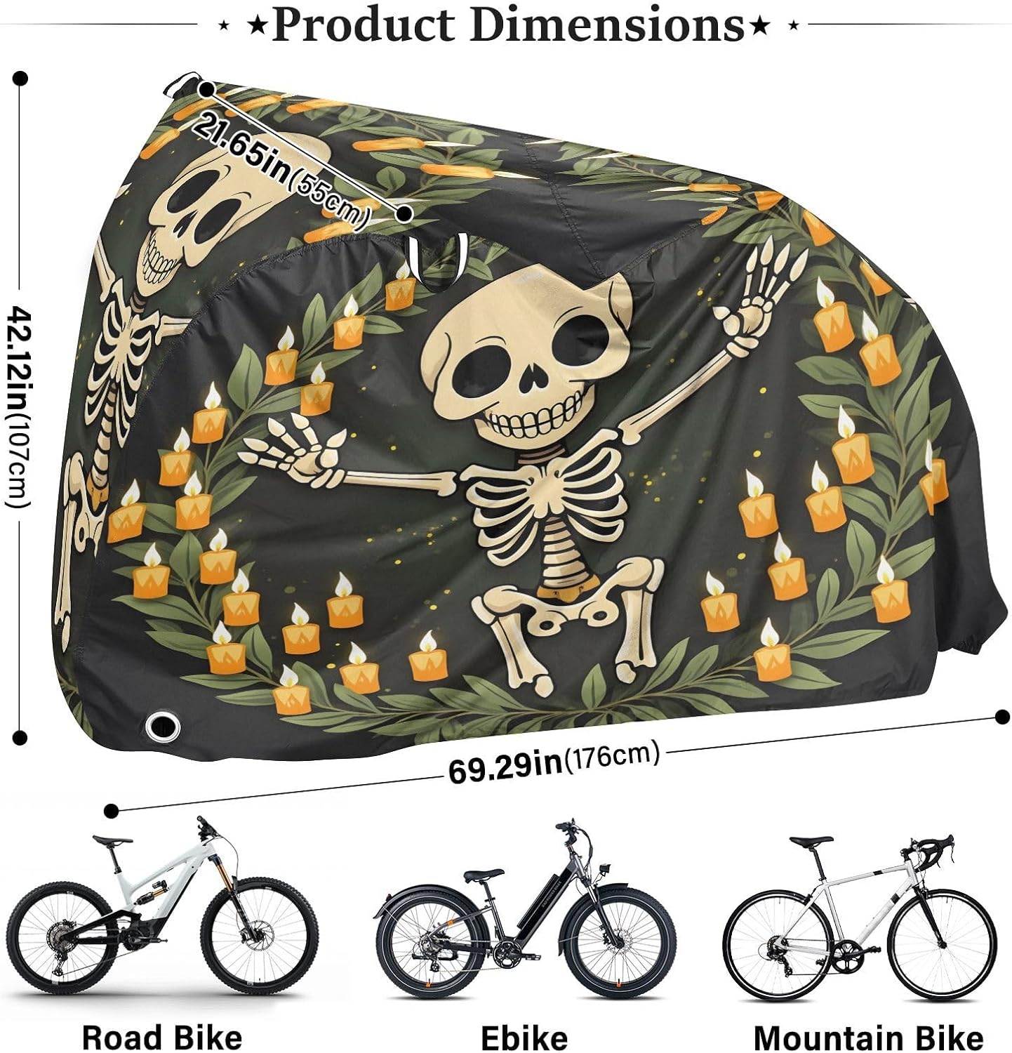ALAZA Cute Skeleton Skull Bike Cover Waterproof Outdoor Ebike Bicycle Covers Tarp Protection for 1/2 Bikes, Sun UV Dust Wind Proof