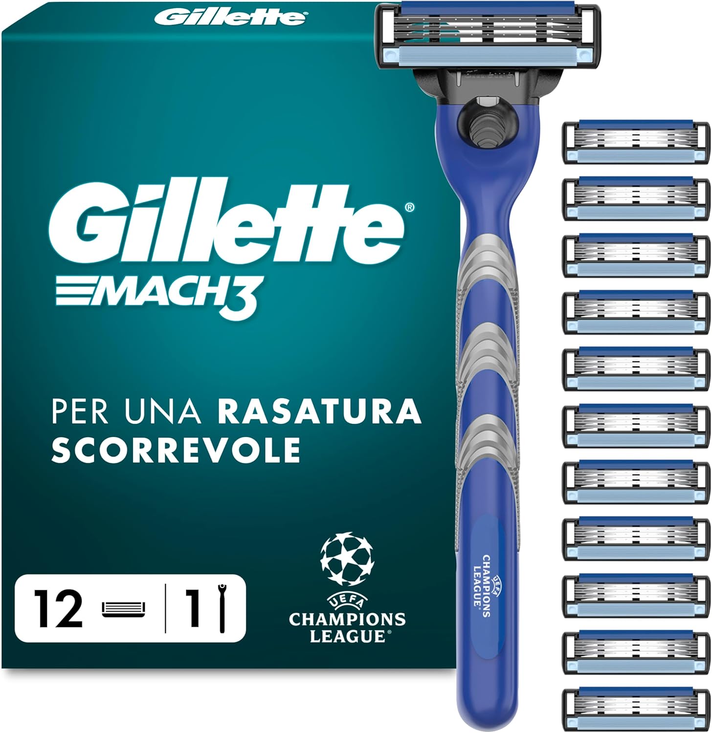 Gillette Mach3 Regolabarba Uomo, Lame Rasoio a Mano Libera, 1 Manico e 12 Lamette da Barba da 3 Lame, Facile Risciacquo, con Gel Lubrificante, Fino a 15 Rasature con 1 Testina