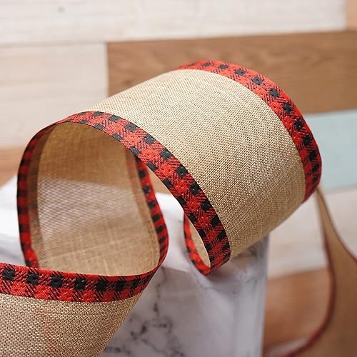 Miniatura 6 de CT CRAFT LLC Cinta de arpillera a cuadros con borde a cuadros con alambre, 2.5 pulgadas x 20 yardas x 1 rollo, negro con rojo, para Navidad,