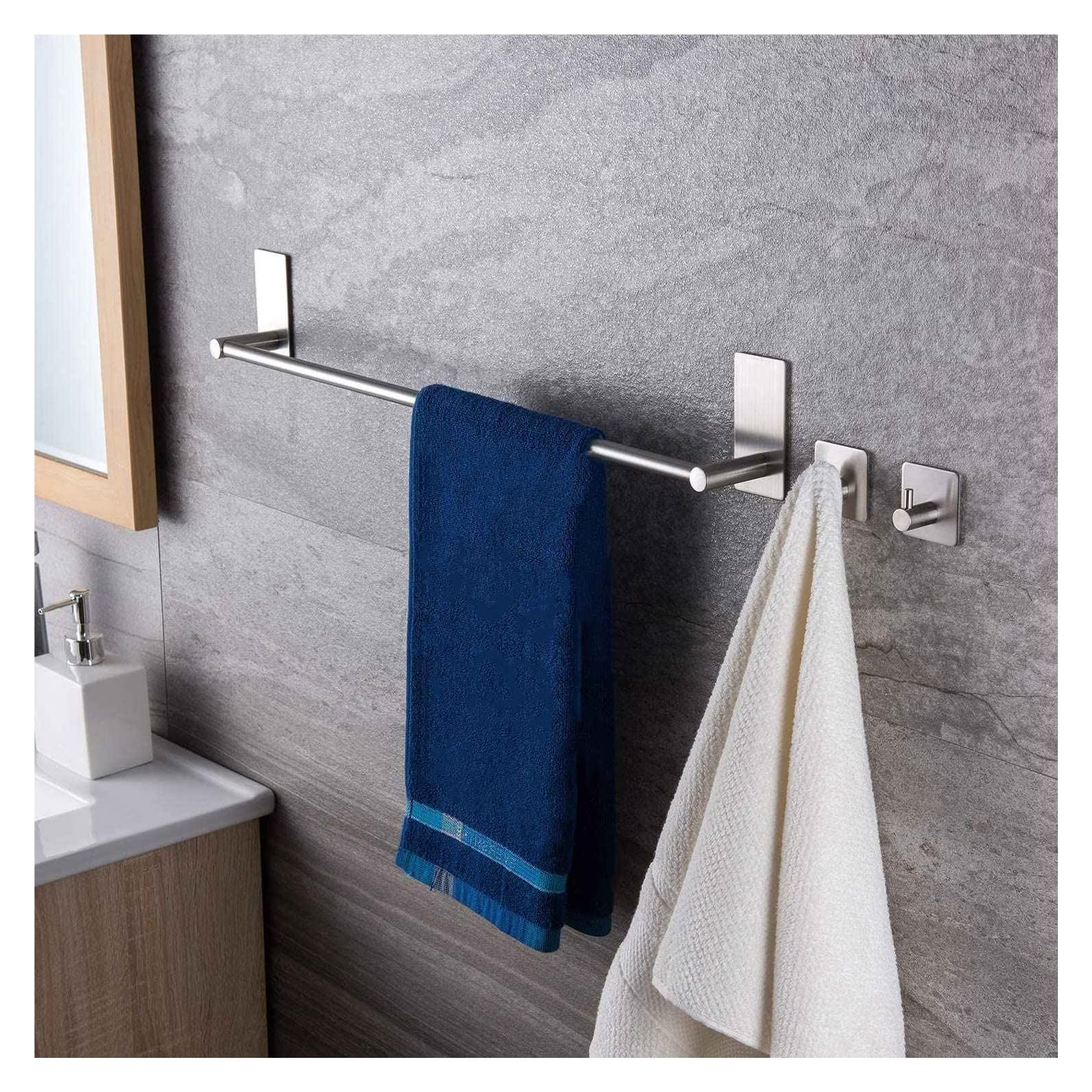 Toallero de 16 pulgadas con 2 ganchos adhesivos, toallero de mano montado en la pared, accesorios de baño plateados, fácil instalación, gancho de toalla para uso doméstico