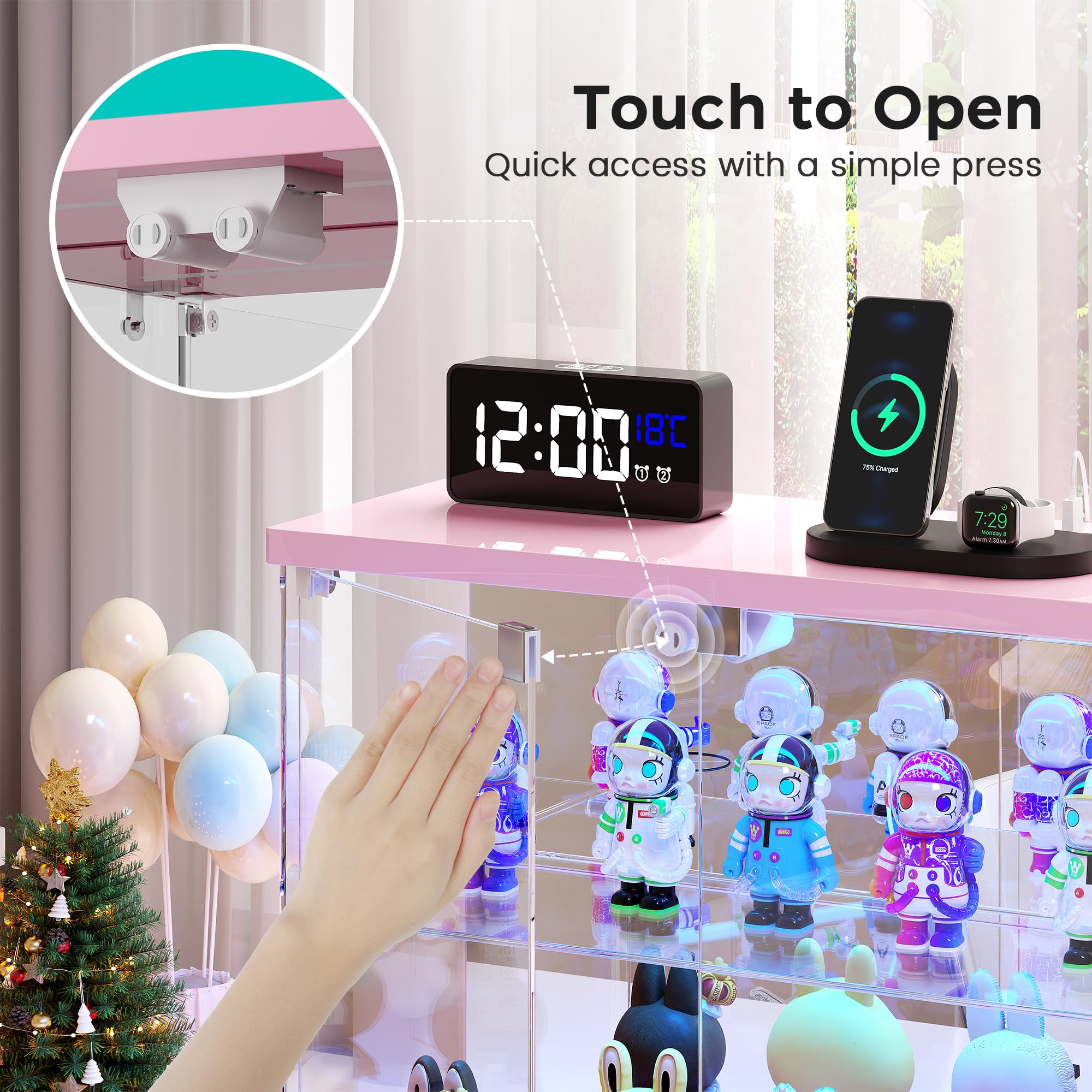 FREDEES Vitrina de cristal transparente con luz LED, compacta de 2 niveles con estación de carga y sensor de movimiento, para figuras de acción, coleccionables, modelos de coche y color rosa perfume