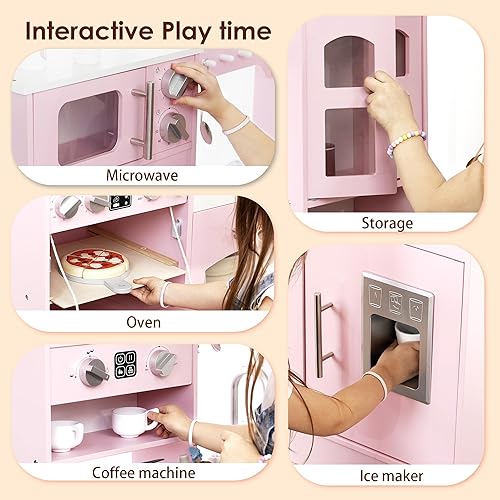 Miniatura 4 de Cocina de madera para niños pequeños y niños con luces y sonidos, gran juego interactivo con máquina de hielo, estufa, fregadero, horno, 12