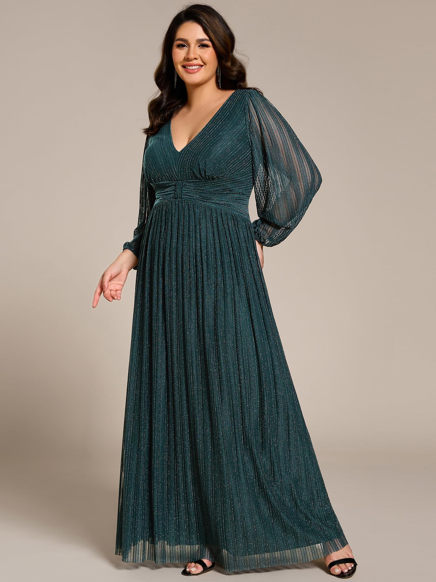 Ever-Pretty Donne Glitter Maniche Lunghe Scollo a V Pieghe Impero Vita Piano Lunghezza Plus Size Abiti Formali Abiti da Sera, Verde acqua, 52
