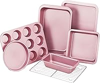 KITESSENSU 7-Piece Nonstick Carbon Steel Bakeware Set Pink - Cake, Loaf, Muffin Pans, Cookie Sheet, Roast Pan & Cooling Rack