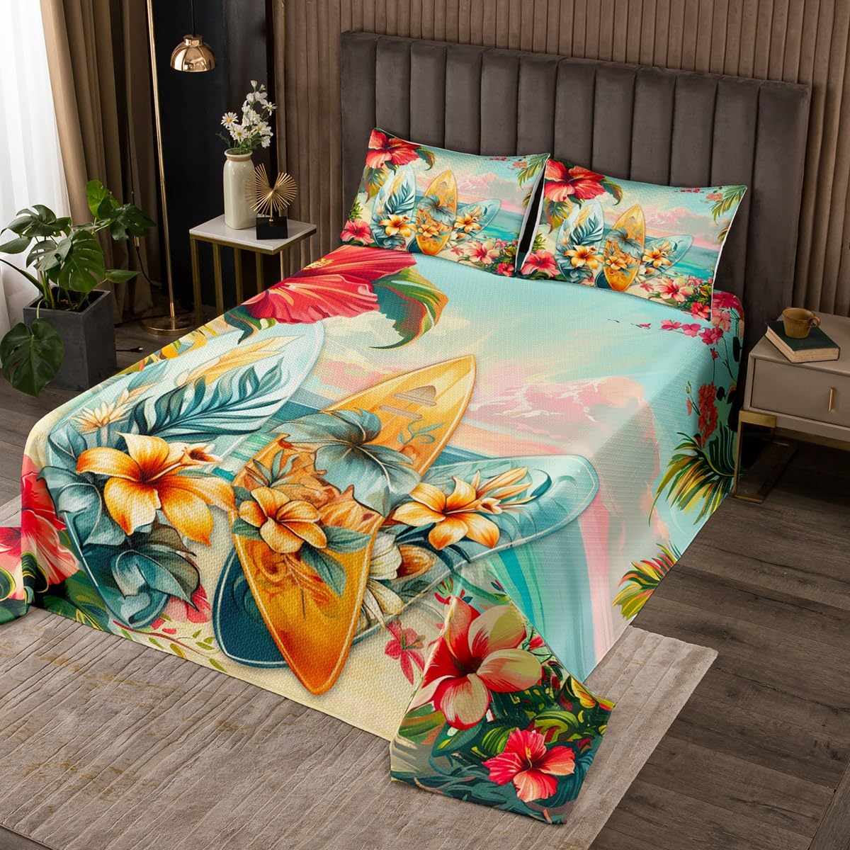 Manfei Surfing Kids Bedspread King Size,Tropical Palm Trees Leaves Flowers Coverlet Set,Boys Girls Room Decor,Surfboards Summer Beach Quilted Coverlet,Blue Red Colorful Bedding Quilt,2 Pillowcases