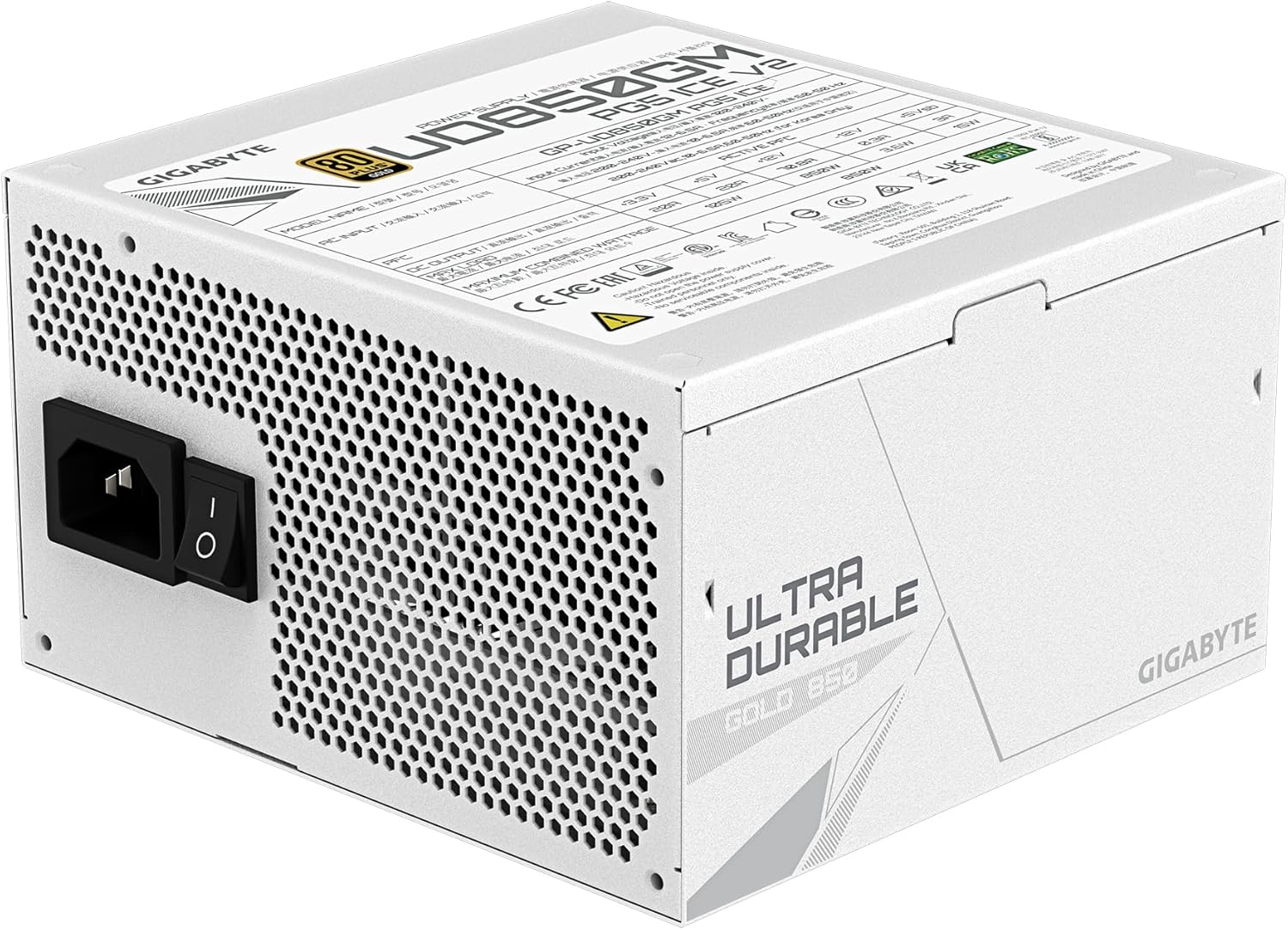GIGABYTE UD850GM PG5 V2 ICE Power Supply - PCIe Gen 5.1, 80 PLUS Gold, Full Modular Design, 120mm Fan, Compatible with ATX 3.1, EU Plug