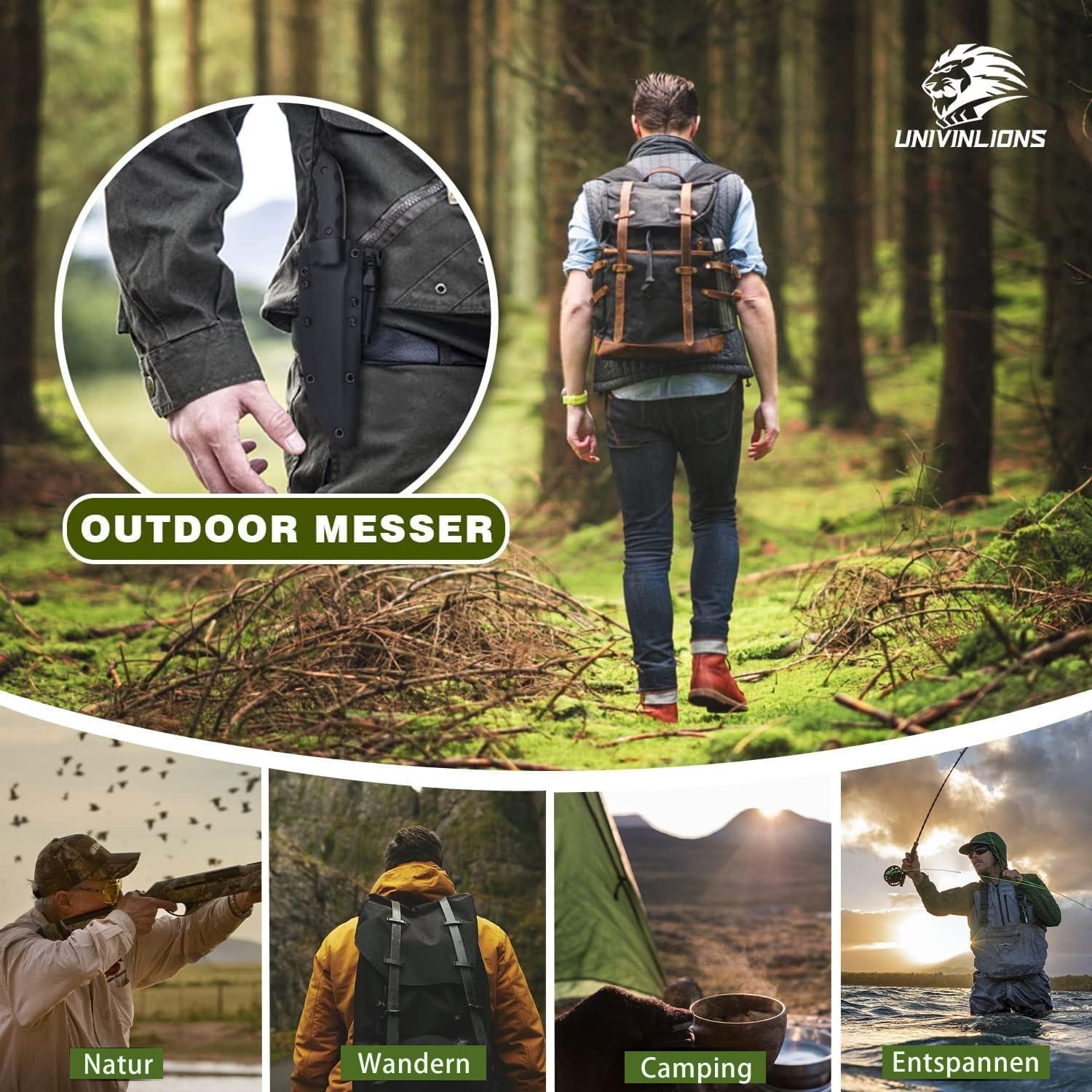 Cuchillo de supervivencia D2 full tang con funda, hoja fija out | Hoja D2 con mango G10 y funda incluida, diseñada para aventureros, cazadores y amantes del outdoor y supervivencia.
