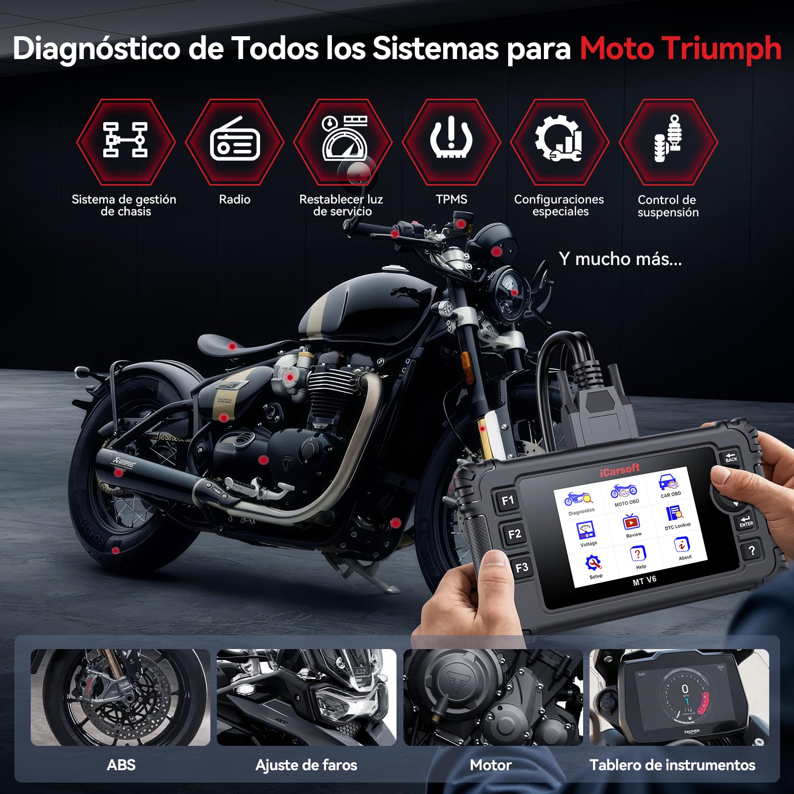 iCarsoft MT V6 para Triumph Moto, Herramienta de Diagnosis de Sistema Completo hasta 53 Servicios hasta 55 Pruebas Activas Lector de códigos de Motor Prueba de batería y actualización de por Vida