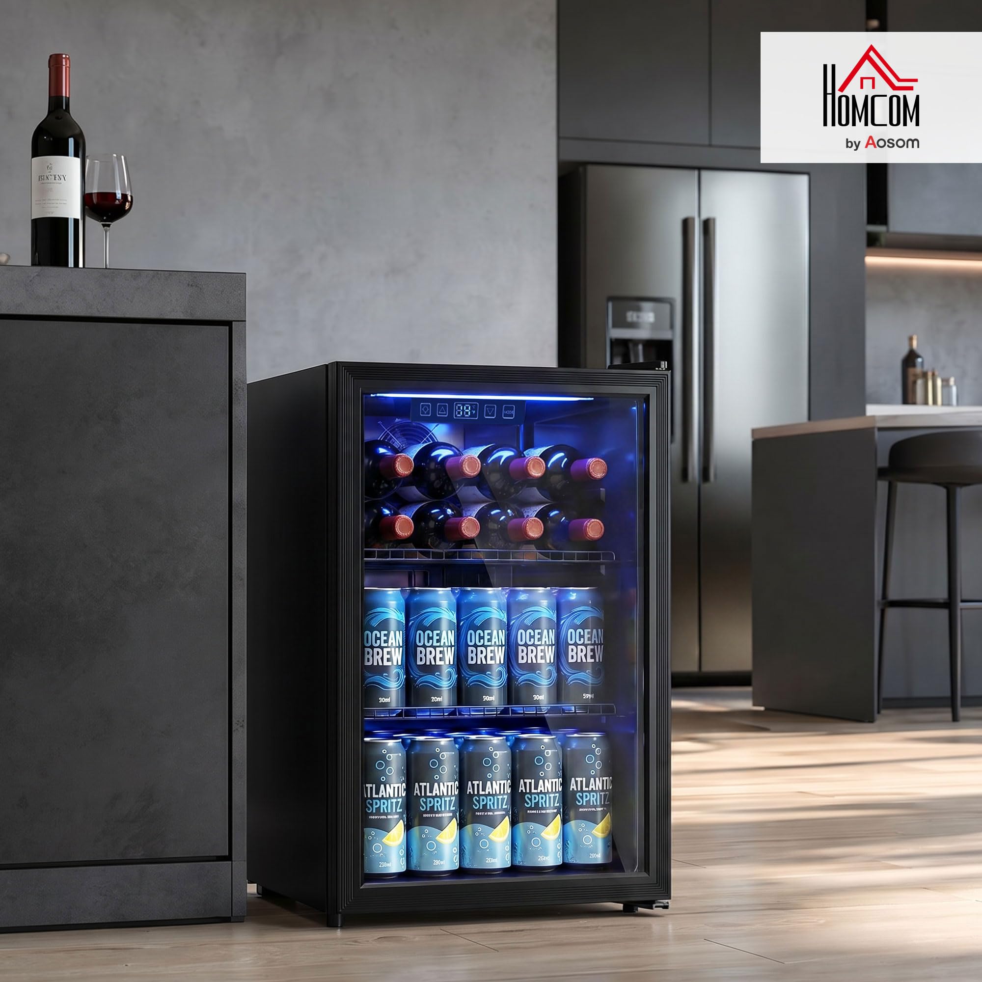 HOMCOM Getränkekühlschrank 70L Mini Kühlschrank mit UV-beständig Doppelglas-Tür, verstellbaren Regalen, LED-Beleuchtung & Display