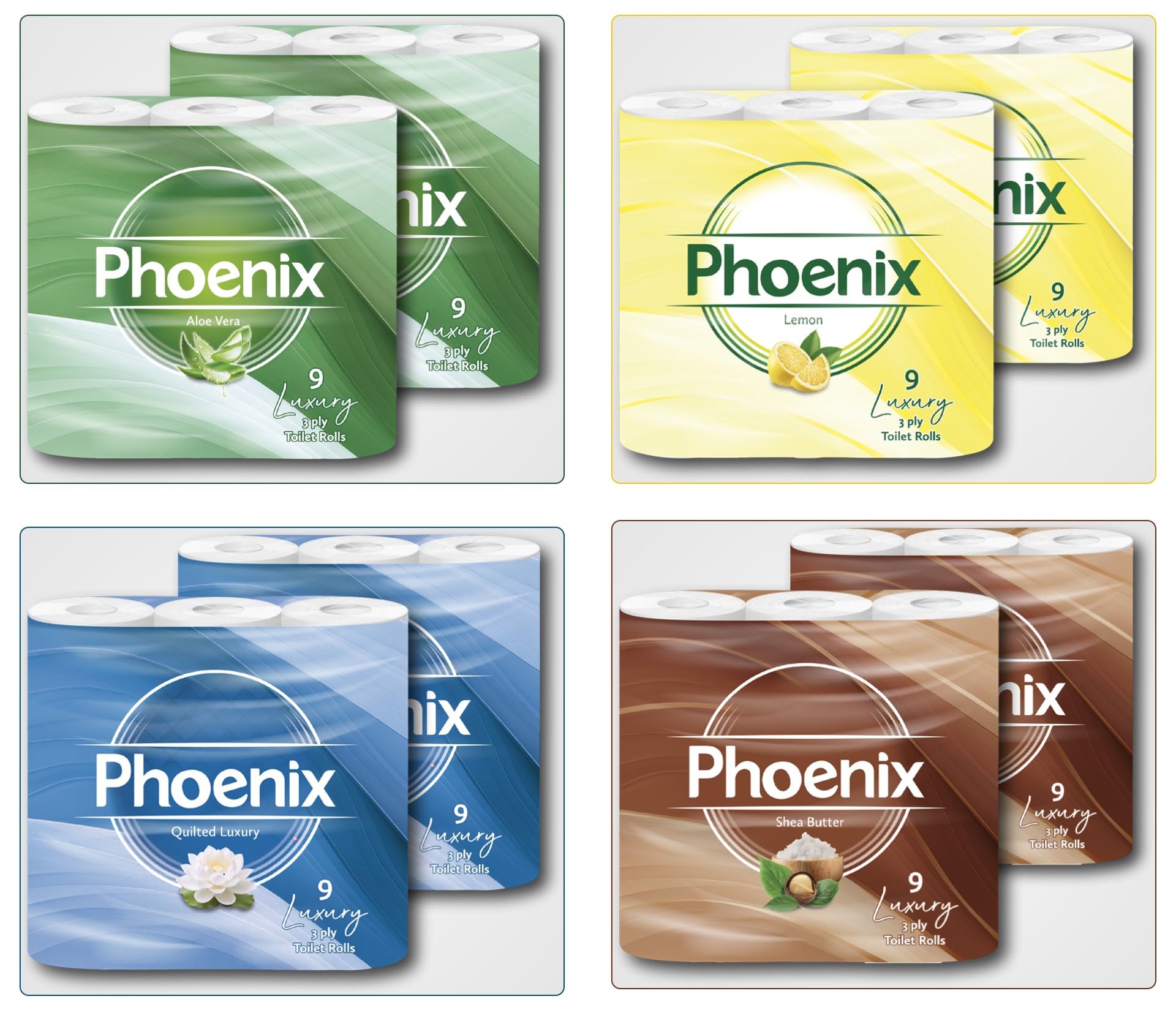 Phoenix 3 Ply Toilet Rolls – 72 Rolls Variety Pack | Aloe Vera, Shea Butter, Lemon & Unscented | 9 Packs of 8 | Premium Soft & Gentle Toilet Tissue