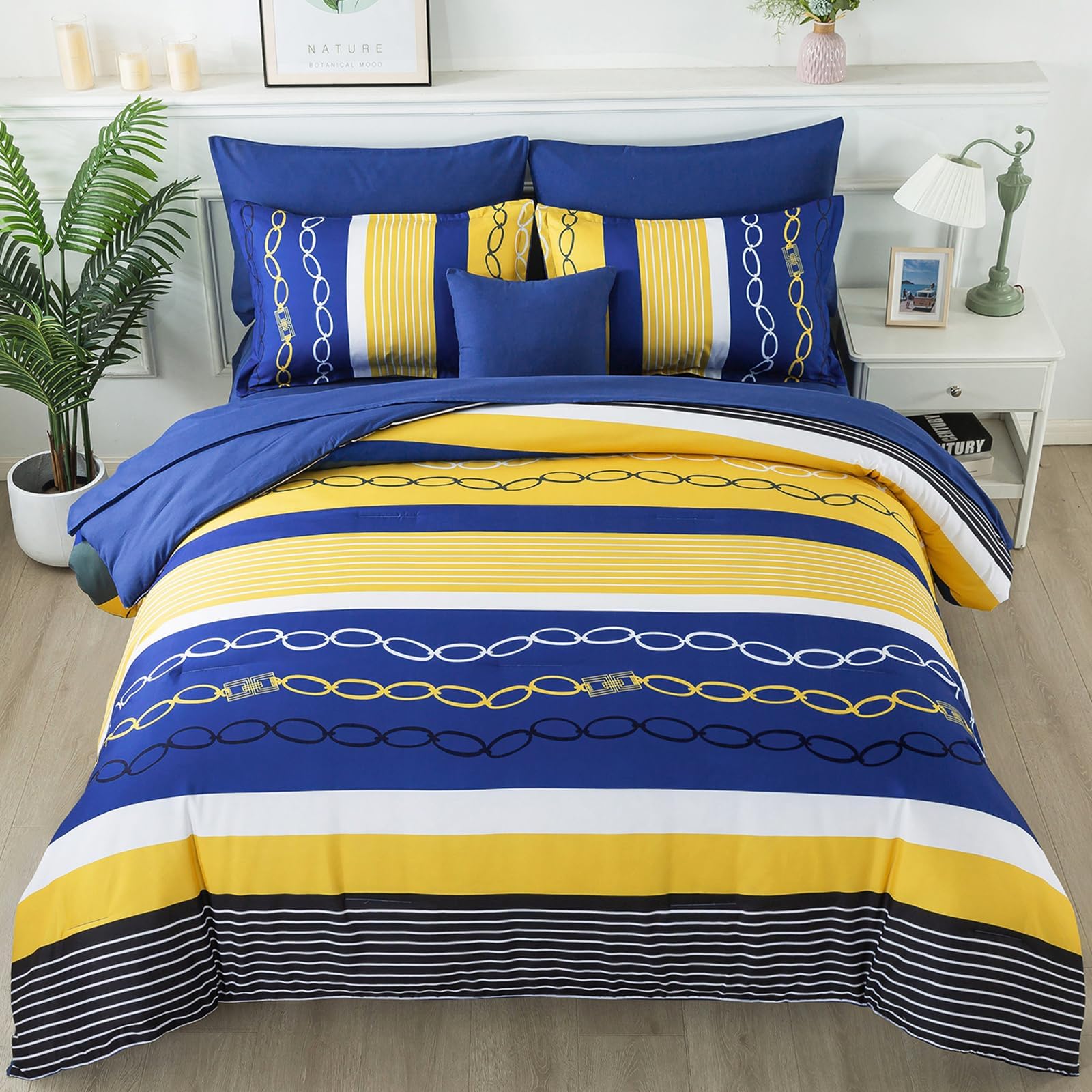 8 Pieces Bed in a Bag Stripe Comforter Set King Size,Patchwork Striped Comforter with Sheets Set Soft Microfiber Boho Bedding Sets (Blue Yellow)