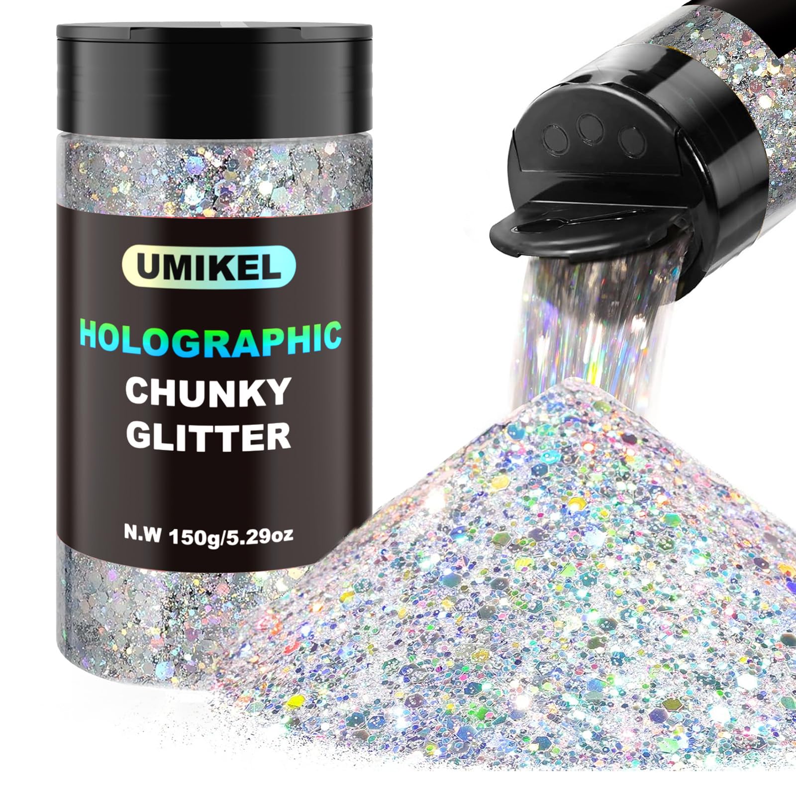 Holographic Glitter, 150G/5.29OZ Chunky Craft Glitter Flakes & Sequins for Body, Face, Crafts (Silver)