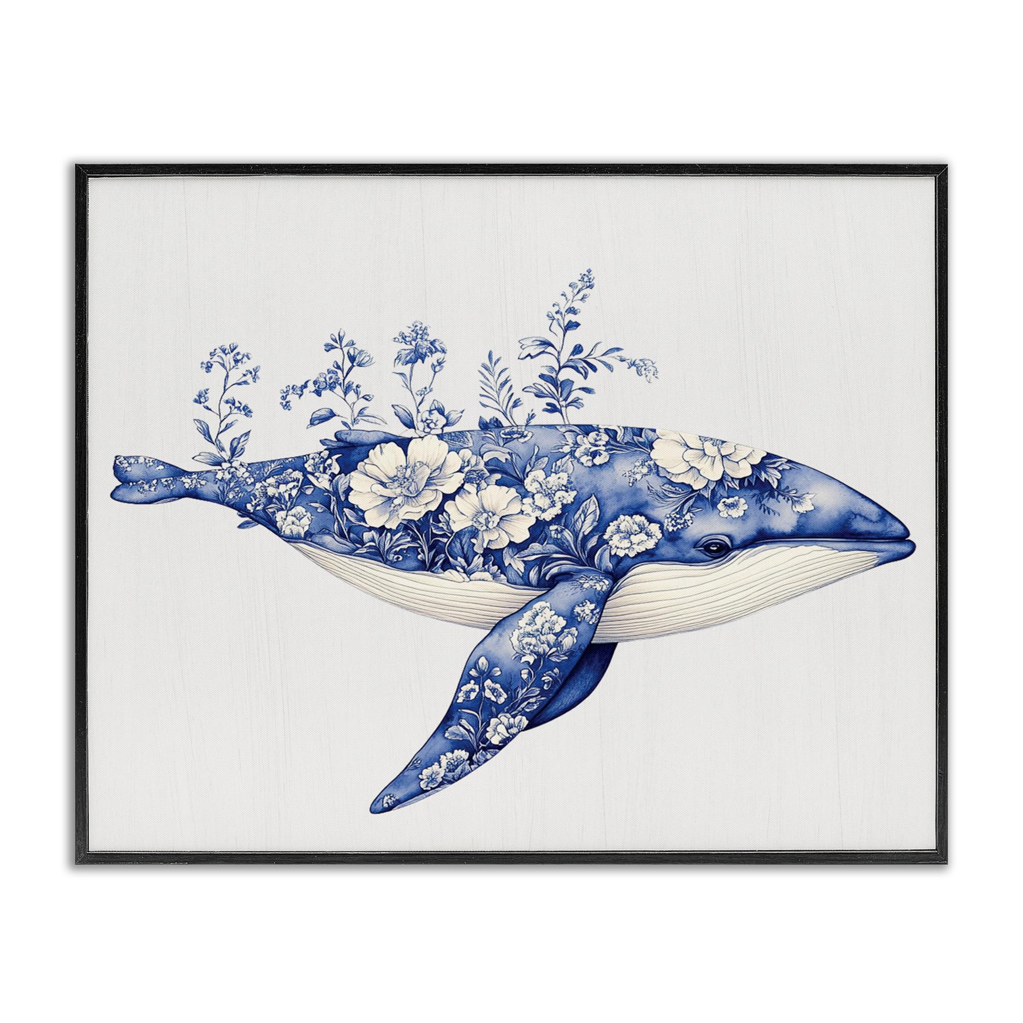 Blooming Toile Whale Coastal, 11 x 14 Inch Framed Giclée Print