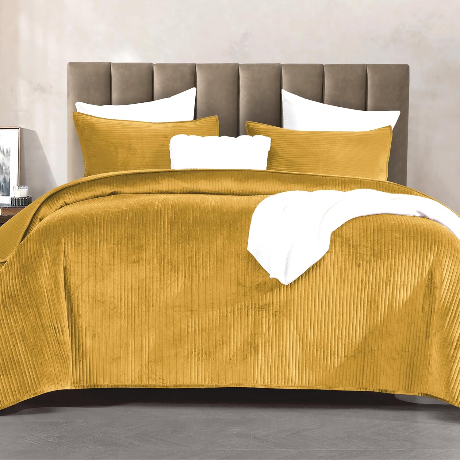 Elegant Comfort Luxury 3-Piece Velvet Corduroy Stripe Quilt Set, Ultra Soft Bedspread - Cozy Velvet Coverlet Set - 3PC Medium Weight Quilted Set with Matching Pillow Shams, Queen, Gold - Image 2