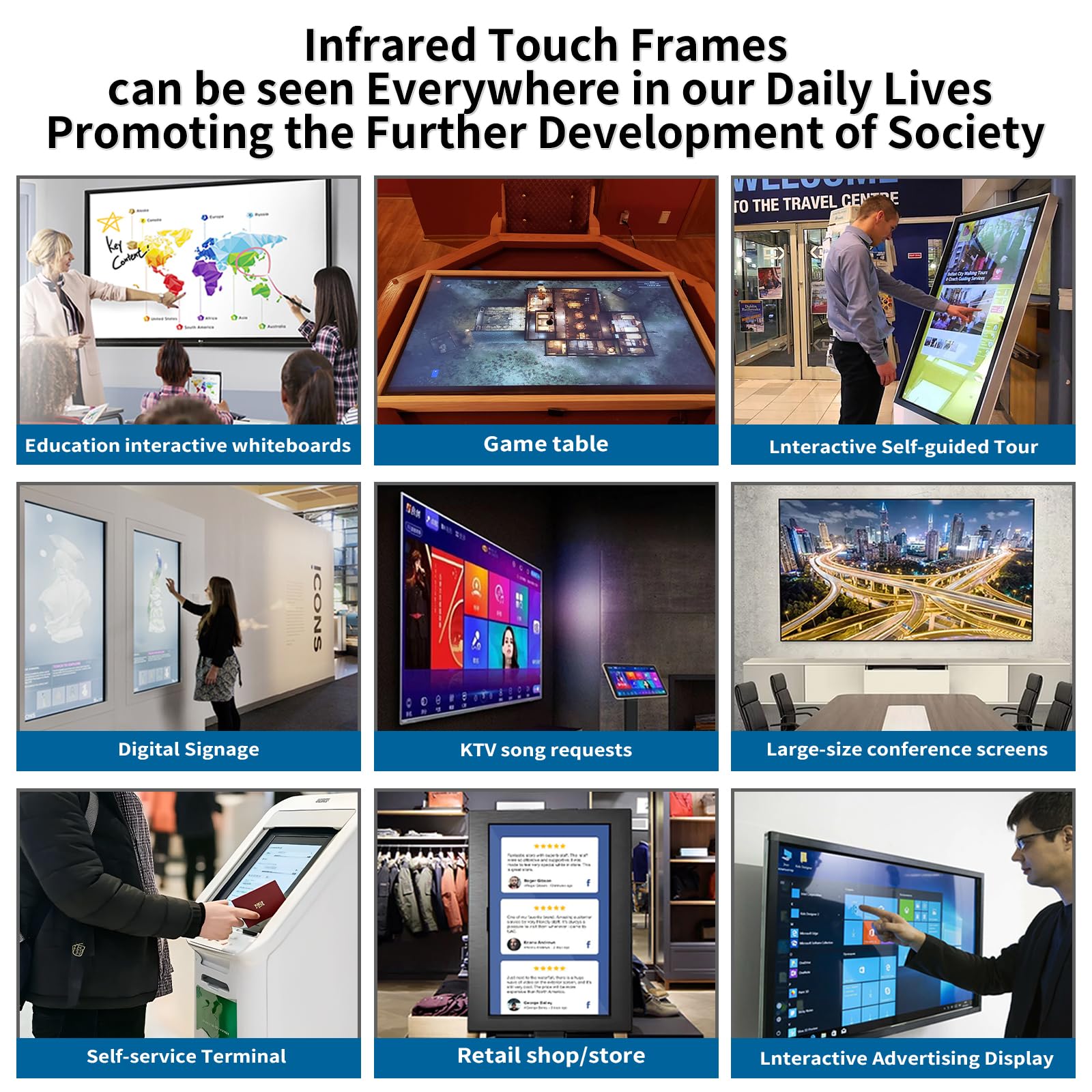55 pollici 20 punti telaio touch a infrarossi, interfaccia USB interattiva IR touch screen pannello sovrapposto, driver libero intelligente, adatto per monitor TV e segnaletica digitale