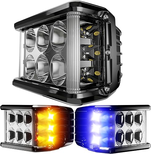 2 luces LED blancas DRL de 4 pulgadas, disparador lateral con luz estroboscópica parpadeante amarilla y azul, cubos LED intermitentes de doble