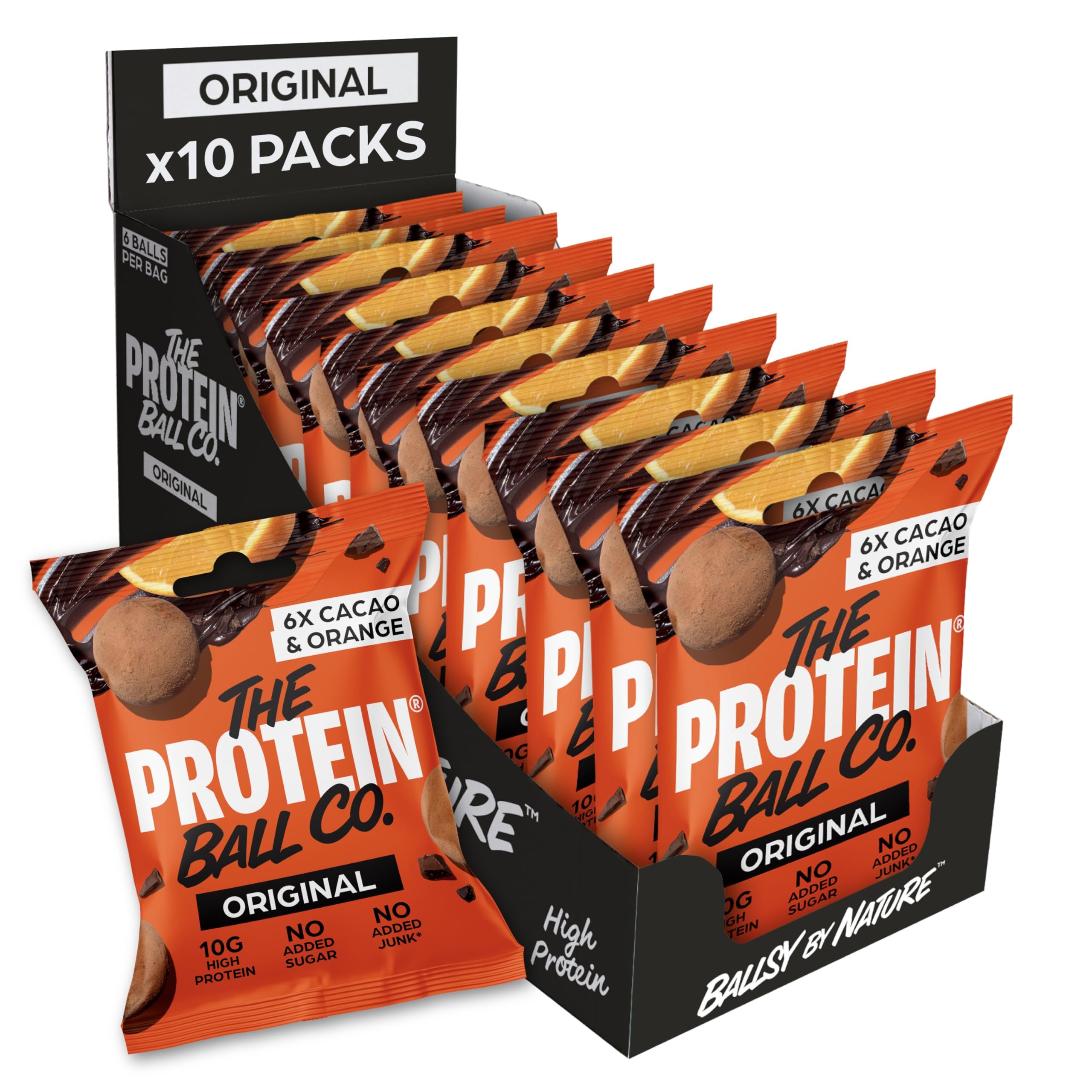 The Protein Ball Co Cacao & Orange Protein Balls - Healthy Snacks, Gluten-Free, No Added Sugar - On-the-Go Energy Balls, Box of 10 Bags