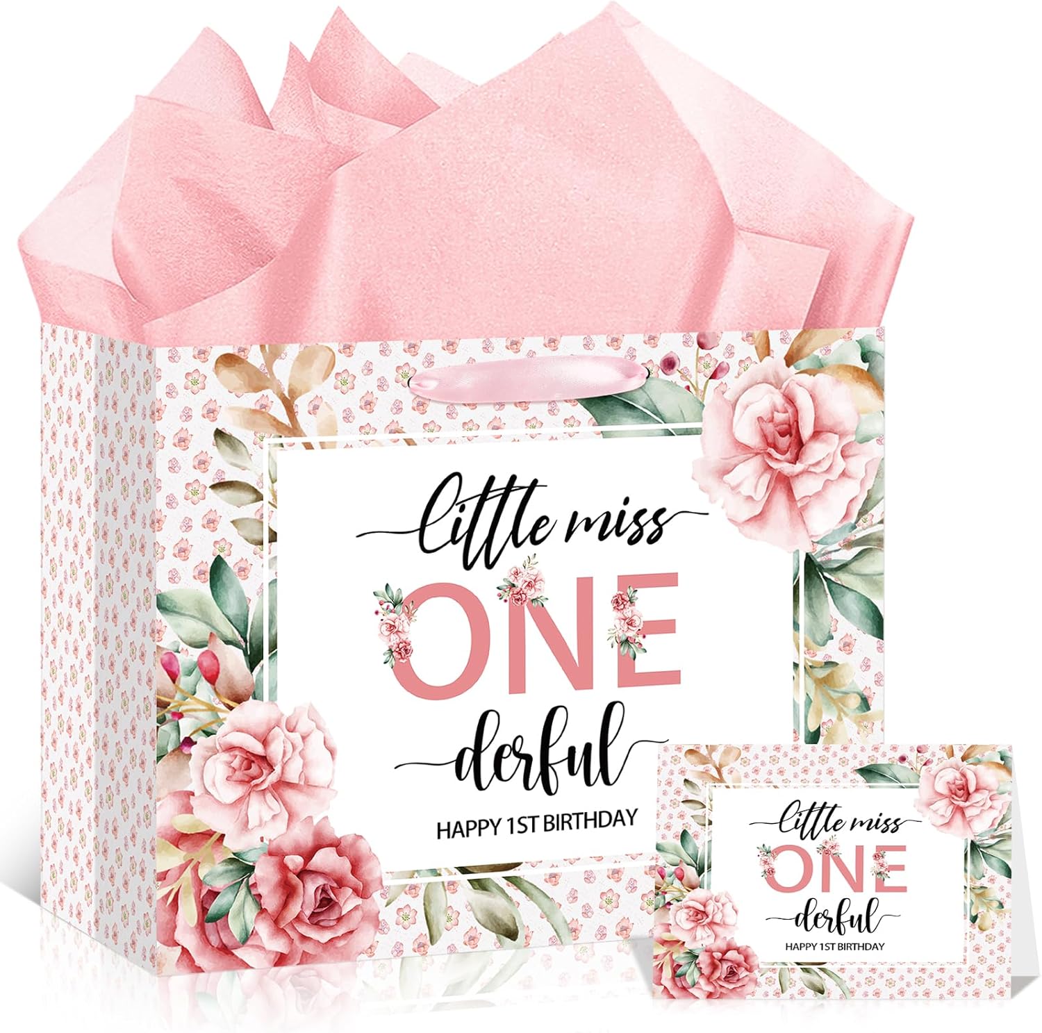 TagreSpike 1st Birthday Gift Bag for Grils, Pink Floral First Birthday Gift Bags with Greeting Card Tissue Paper Miss Onederful Wrapping Paper Bag for Newborn Baby Shower Little One Party Supplies