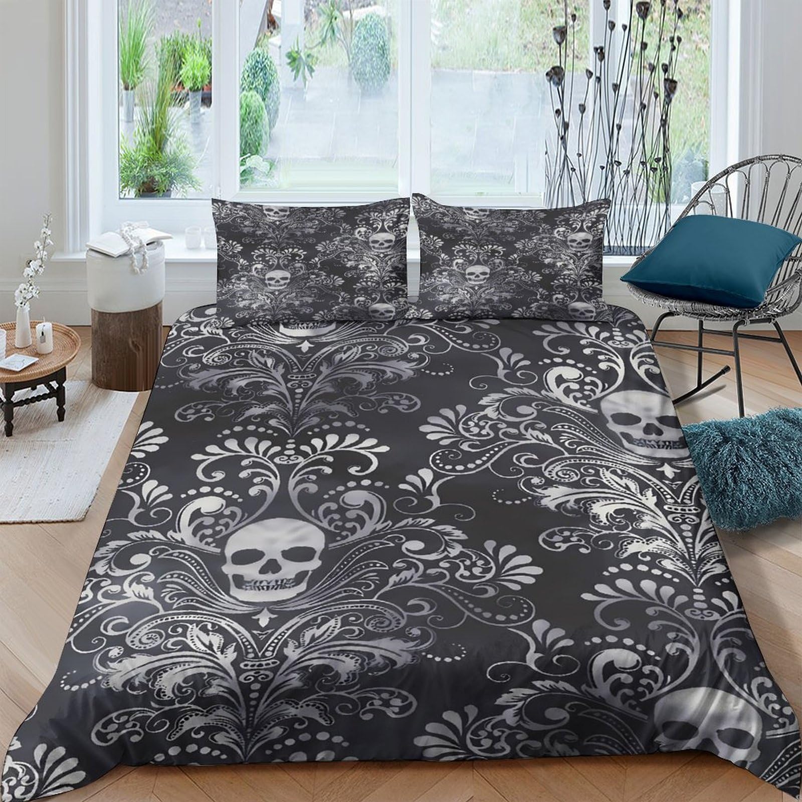 GPLZQXKJNH 3D Printed Gothic Skull Duvet Cover Set Microfiber Black Floral Bedding with 2 Pillowcases for Bedroom Home Decor Single（135x200cm）
