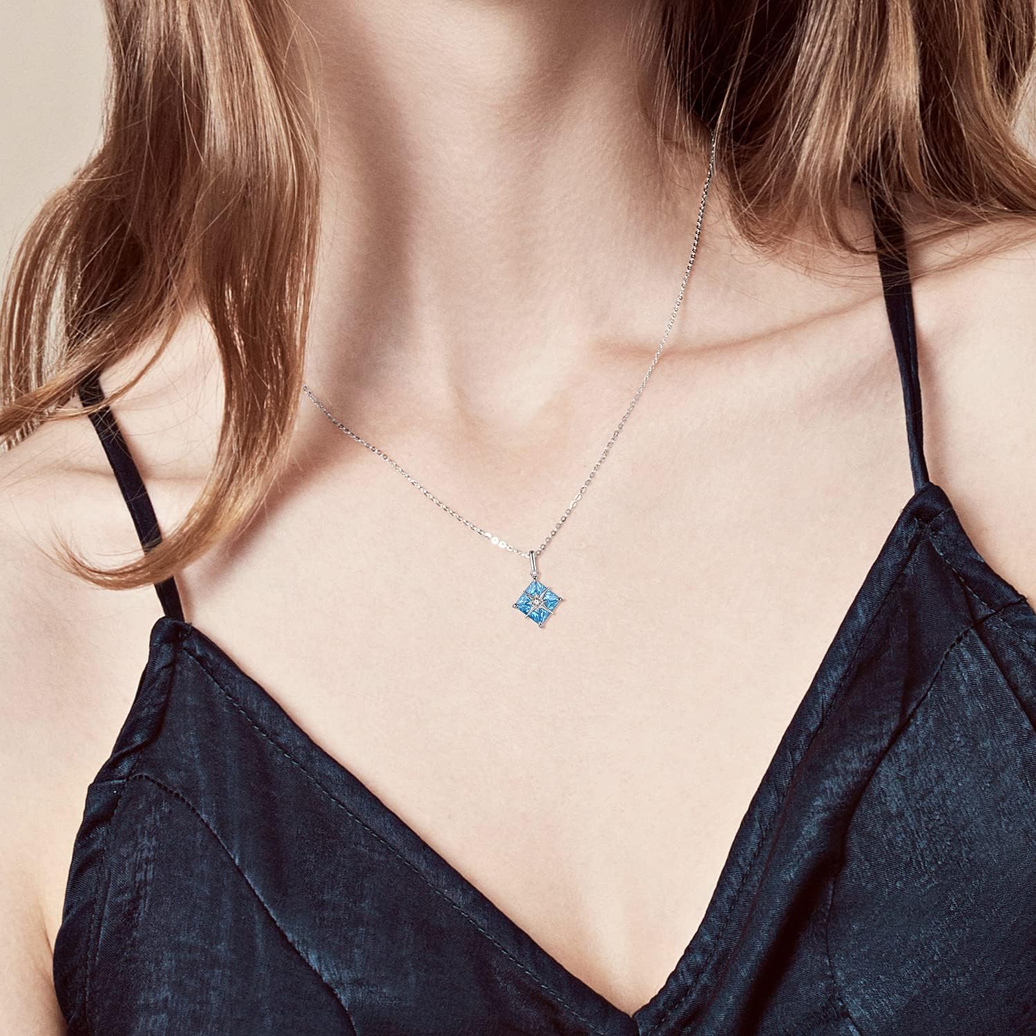 AGVANA 14K Solid White Gold Diamond Created Gemstone Pendant with Sterling Silver Chain Starburst Birthstone Necklace Fine Jewelry Anniversary Birthday Gifts for Women Mom Wife Her
