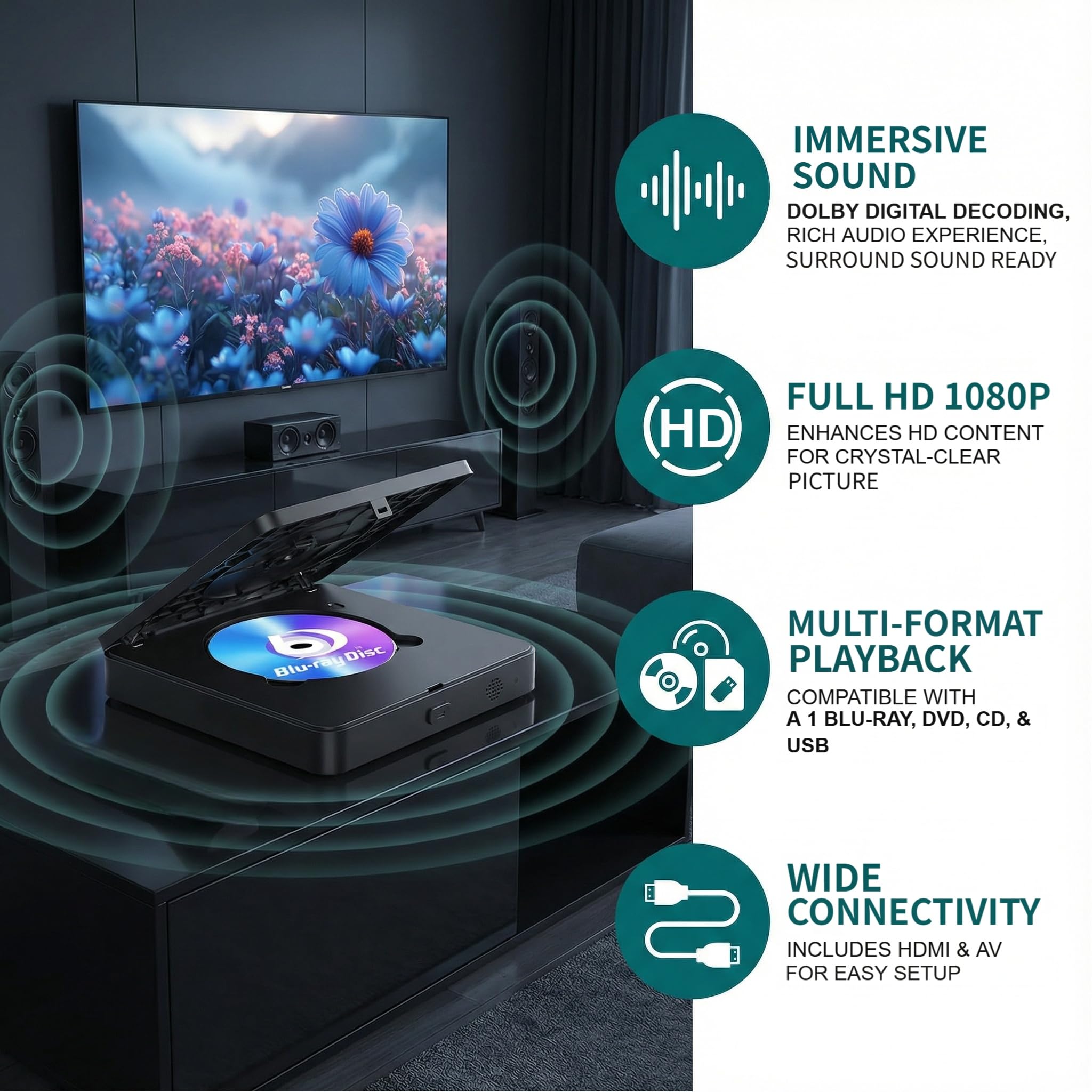 Lecteur DVD Blu Ray 1080P Full HD pour TV avec sortie HDMI AV | Dolby DTS Audio, lecture USB 128 Go, lecteur Blu-ray région A et lecteur DVD de région 1, prise en charge du cinéma maison