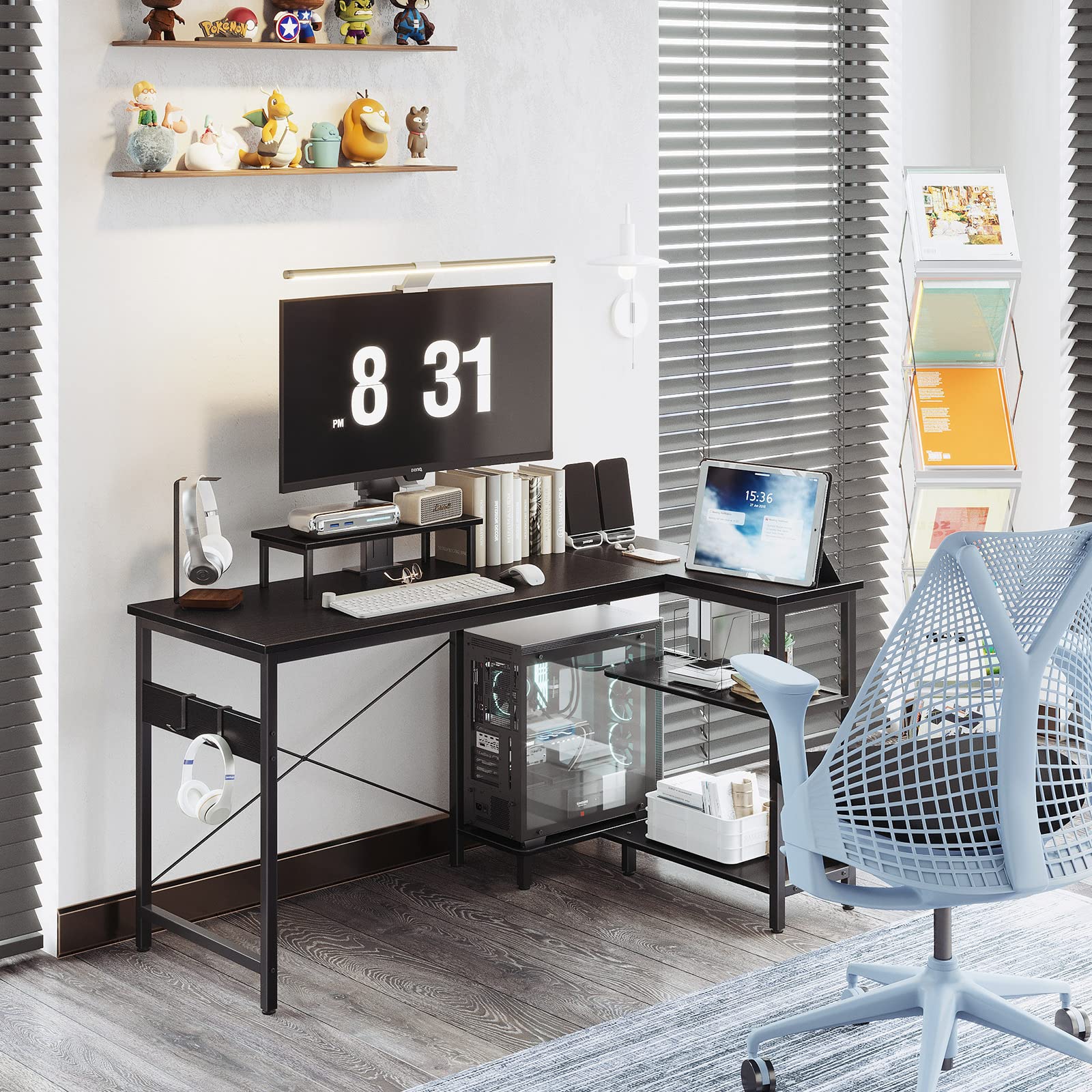 KKL 51 Inch L Shaped Computer Desk with Storage Shelves, Corner Desk with Monitor Stand for Small Space, Modern Simple Writing Study Table for Home Office, Black