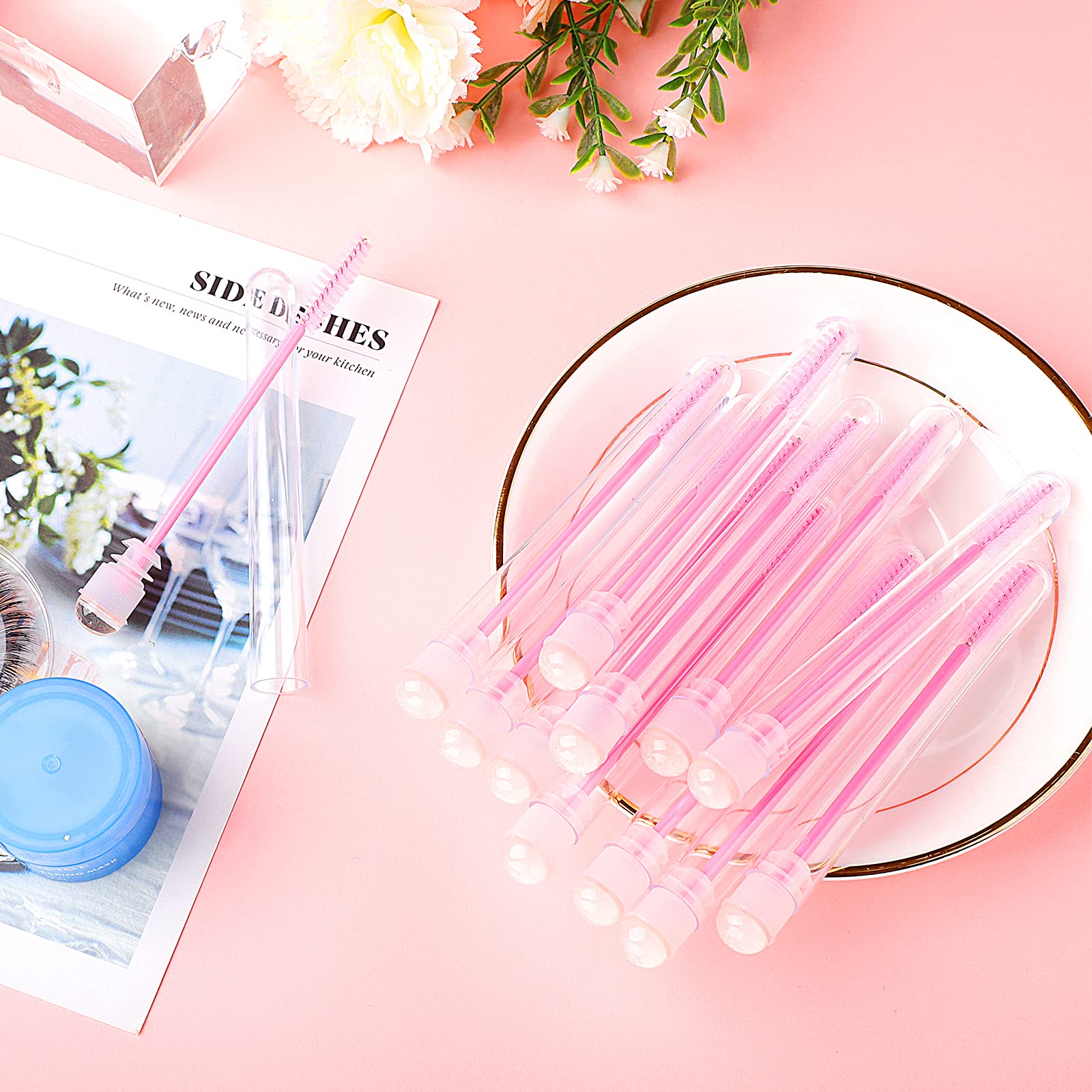 Dming 50pcs Cepillo de Pestañas Varita de Pestañas Herramienta de Maquillaje Extensión de Pestañas Suministros Cepillo de Limpieza Diamante Mascara Rosa cielo