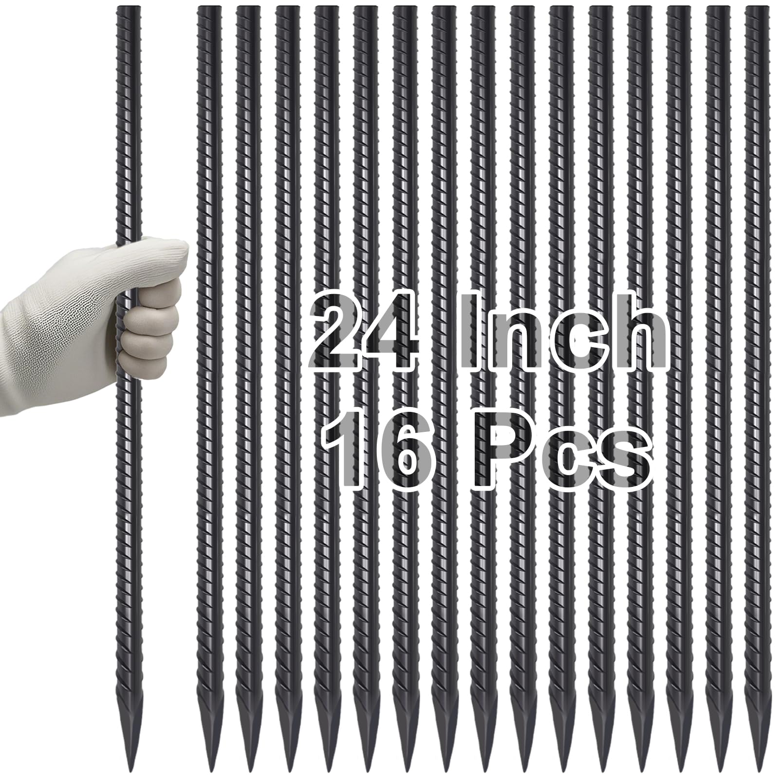 VVOKGO Rebar Stakes 24 Inch Ground Straight Concrete Form Stakes Heavy Duty (16pcs), 3/8" Diameter Metal Steel Spikes Anchors with Chisel Point End for Plant Support, Garden Border,Landscape Edging