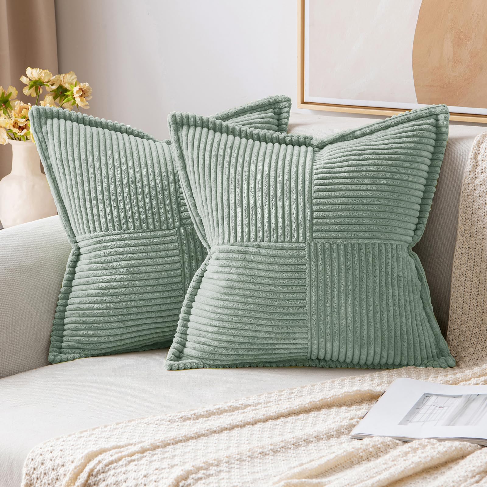 MIULEE Decorative Throw Pillow Covers for Couch 18x18 Inch Greyish Green | Boho Broadside Striped Patchwork Pillow Covers, Soft Corduroy Cushion Cases, For Sofa Bed Livingroom Home Decor