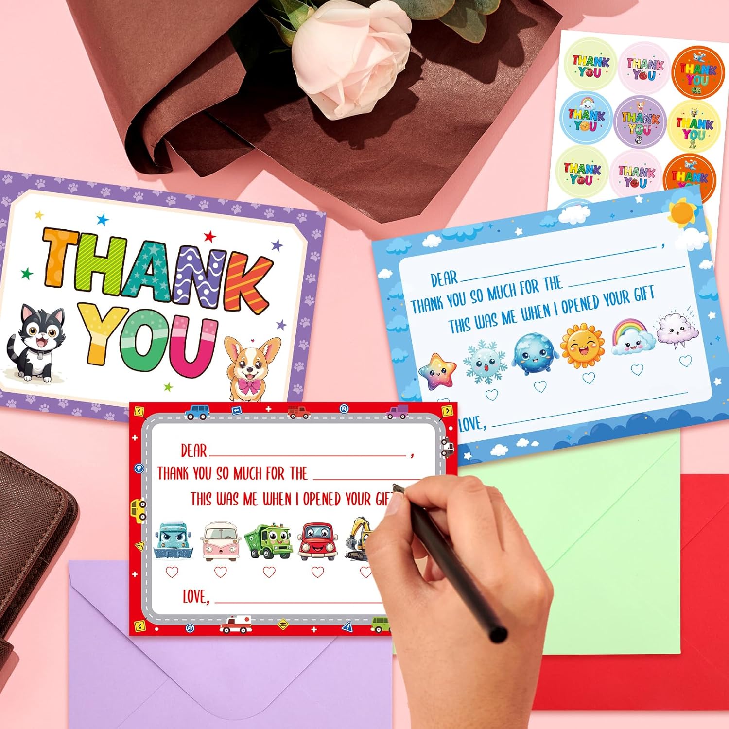 Treasure Cove Kids Fill in the Blank Thank You Cards Thank You Notes with Envelopes Colorful Double-Sided Greeting Cards for Teacher Boys Girls Birthday Party Decorations Favors 24 Pcs - Image 5