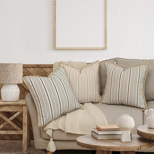 Miniatura 5 de Kiuree Juego de 2 fundas de almohada de granja de 16 x 16 pulgadas cuadradas negras y beige fundas de almohada decorativas de lino con borde