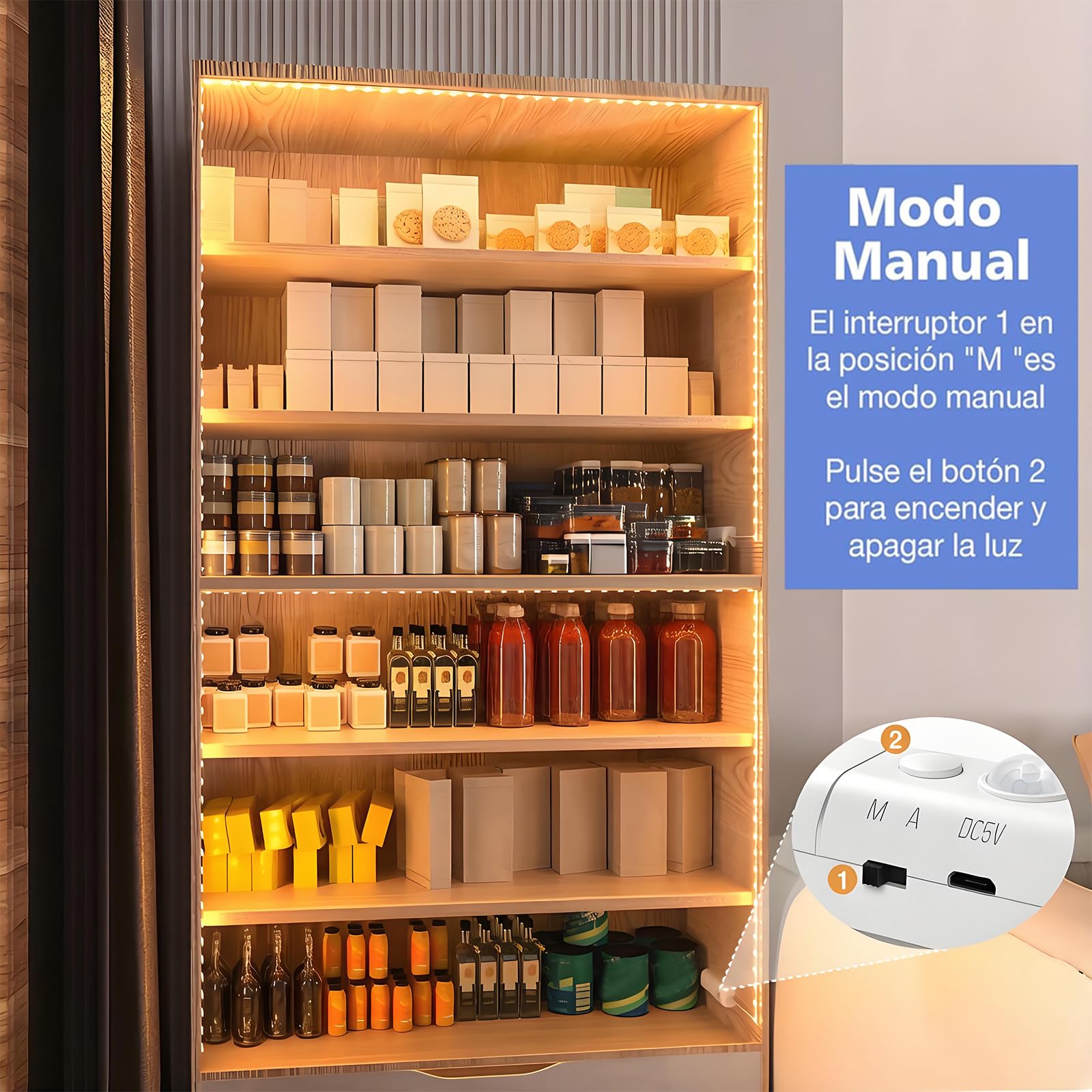 WOBANE Tira led Sensor Movimiento 2 Metros, Tiras Luces Led Pilas Recargable, Luz Nocturna Adhesiva Blanco Cálido para Armario Escaleras Sótano, 2PCS