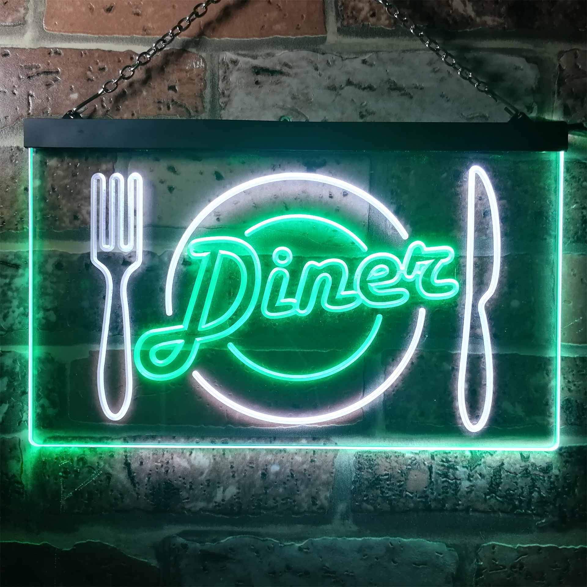 ADVPRO Diner Restaurant Knife Fork Dual Color LED Enseigne Lumineuse Neon Sign Blanc et Vert 600 x 400mm st6s64-i3240-wg