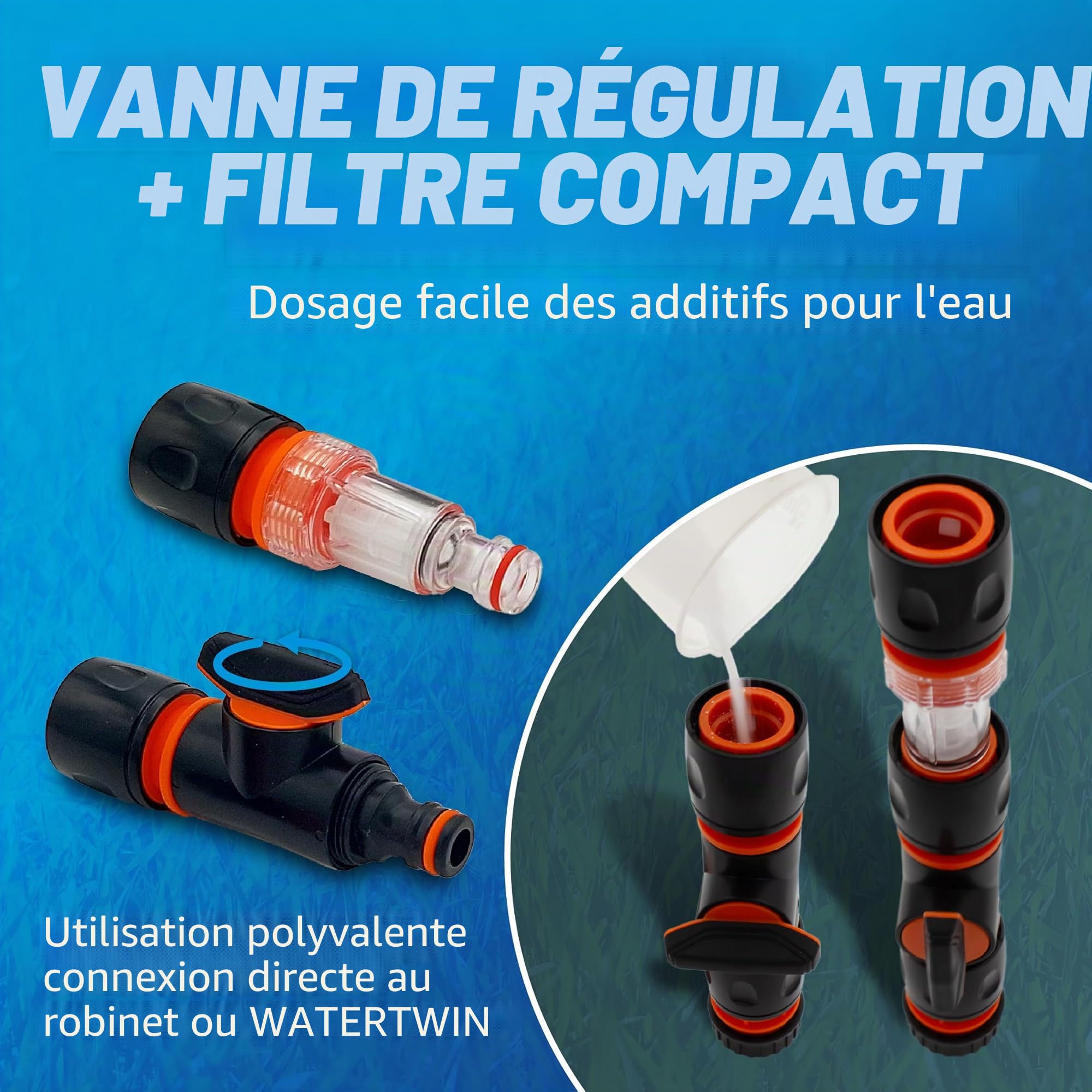 MaJoCompTec® CONNECT-30 Kit de filtre à eau pour camping-car - Embout de remplissage d'eau pour caravane - Accessoires pour bouchon de réservoir - Raccord de tuyau compatible avec Gardena (kit de